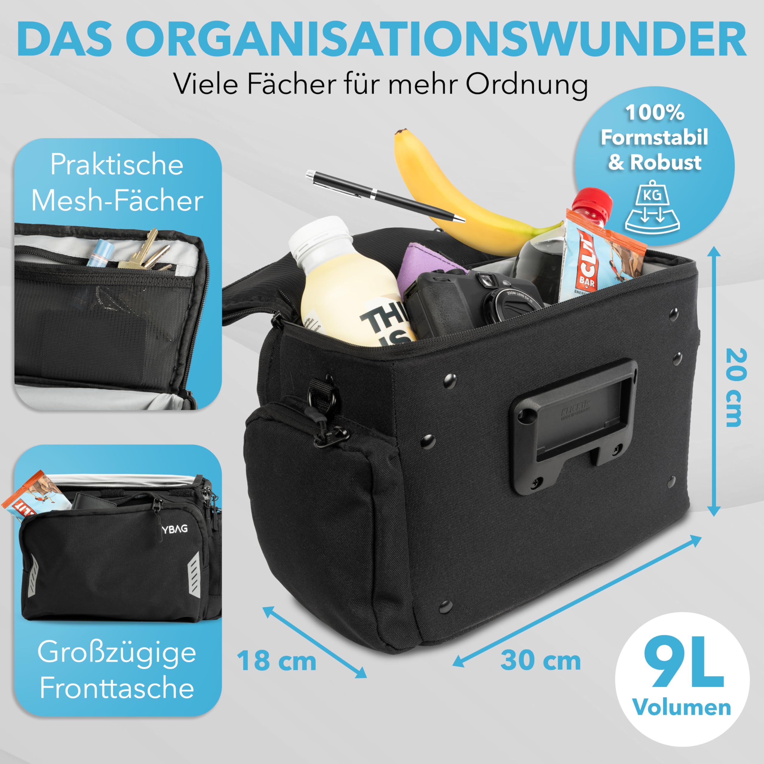 YBAG - Nachhaltige Fahrrad Lenkertasche kompatibel mit KLICKfix (E-Bike geeignet) - großes Volumen & viele Fächer - wasserdicht mit Regenhülle