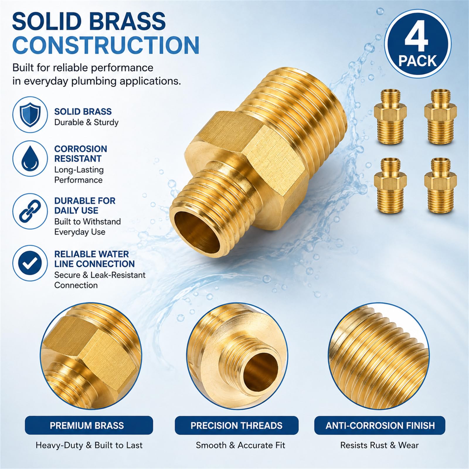 Brass Faucet Adapter - 4 Pack 1/2" to 3/8" -6 Brass Faucet Adapter - 4 Pack 1/2" to 3/8" -6