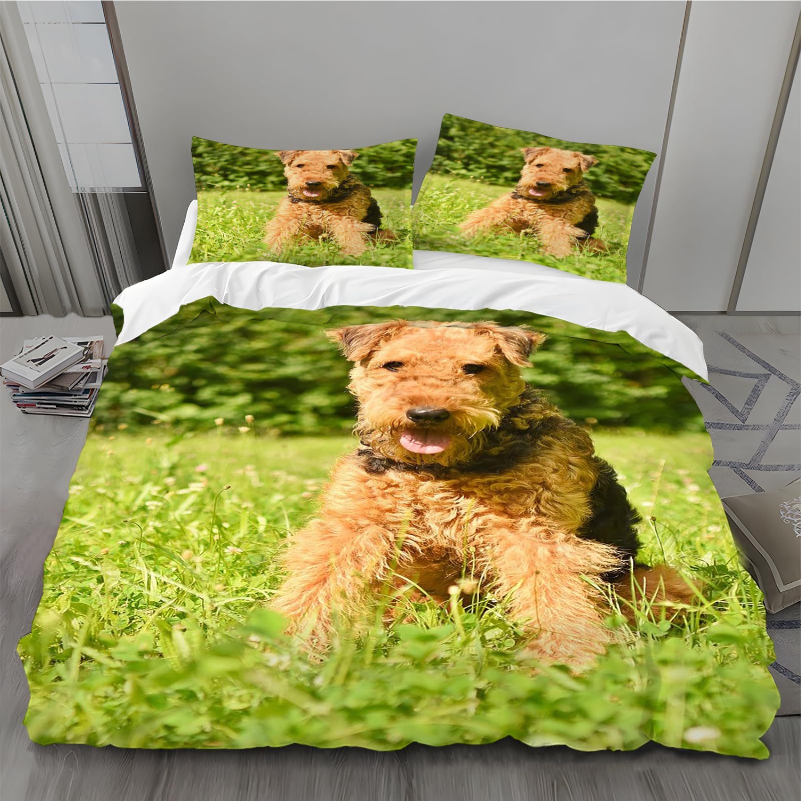 MLUNKQAIL Welsh Terrier Double Duvet Cover Green Grass Bedding Soft Cosy 3 Piece 110gsm Microfibre Quilt Cover and 2xPillow Case 50x75 cm with Zipper Closure for Bedroom