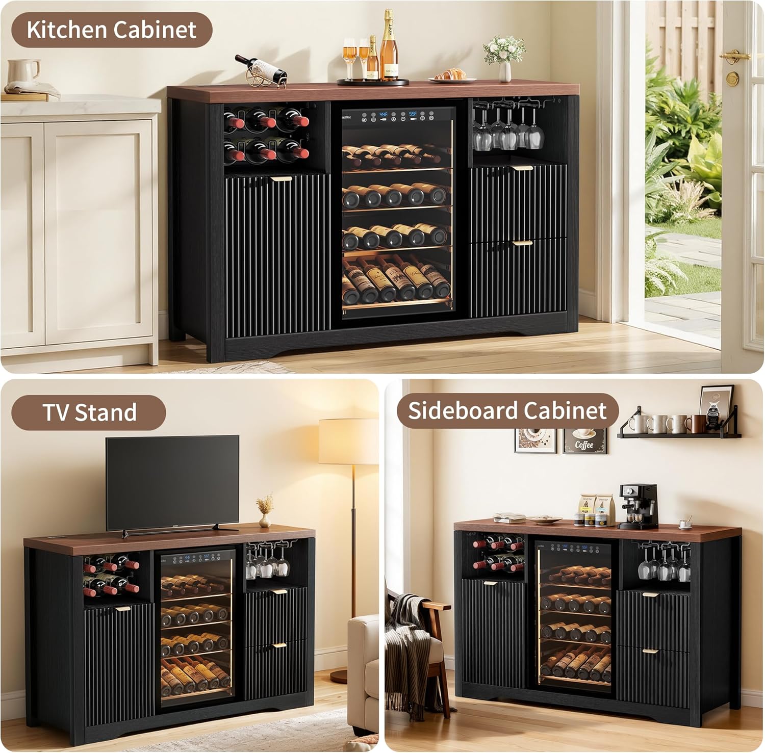 Leteuke Coffee Bar Cabinet with Fridge Space, 53" L Kitchen Wine Cabinets with Storage Drawer, Wood Buffet Sideboard Table Station, Fluted Liquor Cabinet with Wine Rack for Home, Living Room-Black