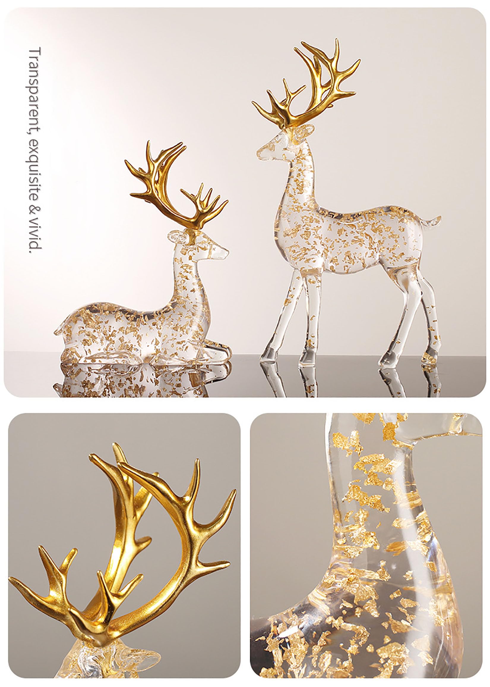 2pcs Cerf Figurines de Noël Dorées Décoration, Luxe Sculptures en Résine et Cristal Cadeau de Noël Décor d'intérieur,Clear