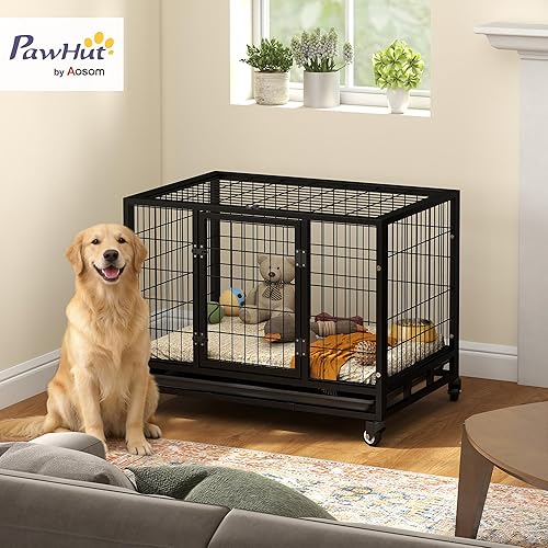 Miniatura 2 de PawHut Jaula para perros resistente de 36 pulgadas, jaula indestructible con bandeja extraíble, ruedas con cerradura y puerta doble, para perros