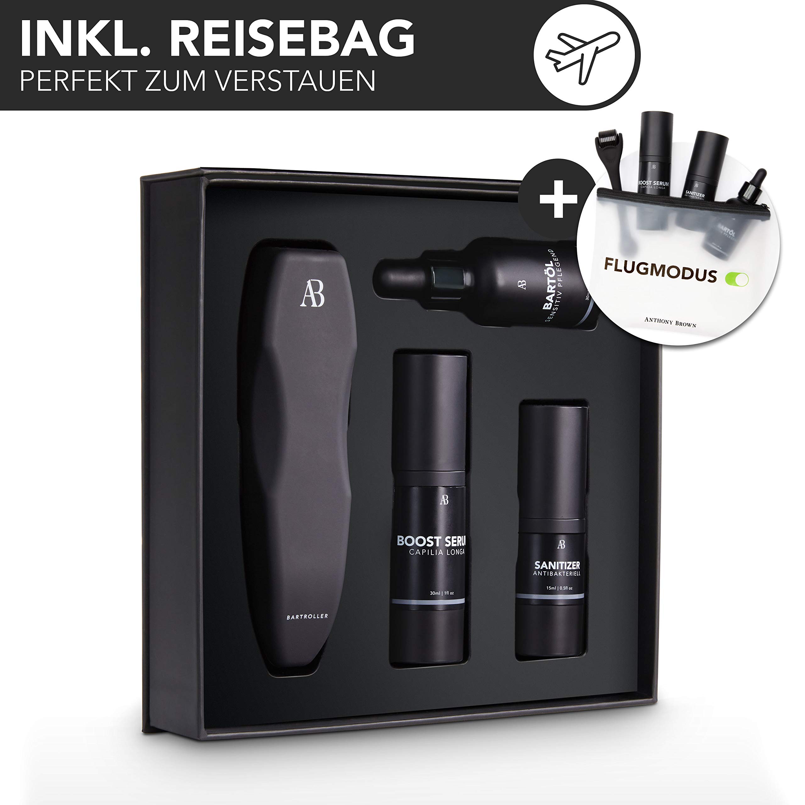 Anthony Brown® Bartwuchs Set für Männer | Beard Growth Kit mit Bartroller 0,5 mm, Bartwuchs Serum & Bartöl