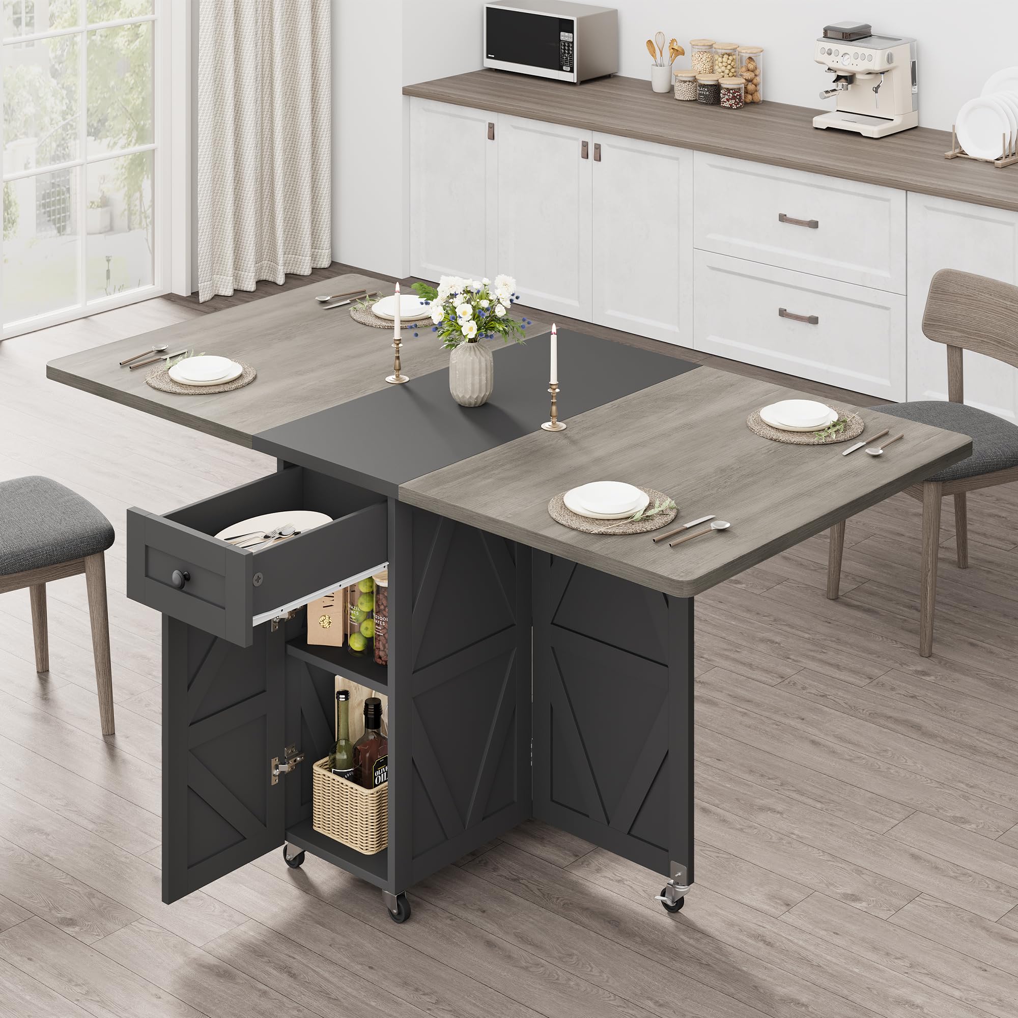 Space Saving Folding Dining Table for 4, Farmhouse Foldable Dining Table with Drawer and 2-Layer Storage Shelf, 6 Wheels Multipose Folding Kitchen Table for Small Space (Carlo Grey)