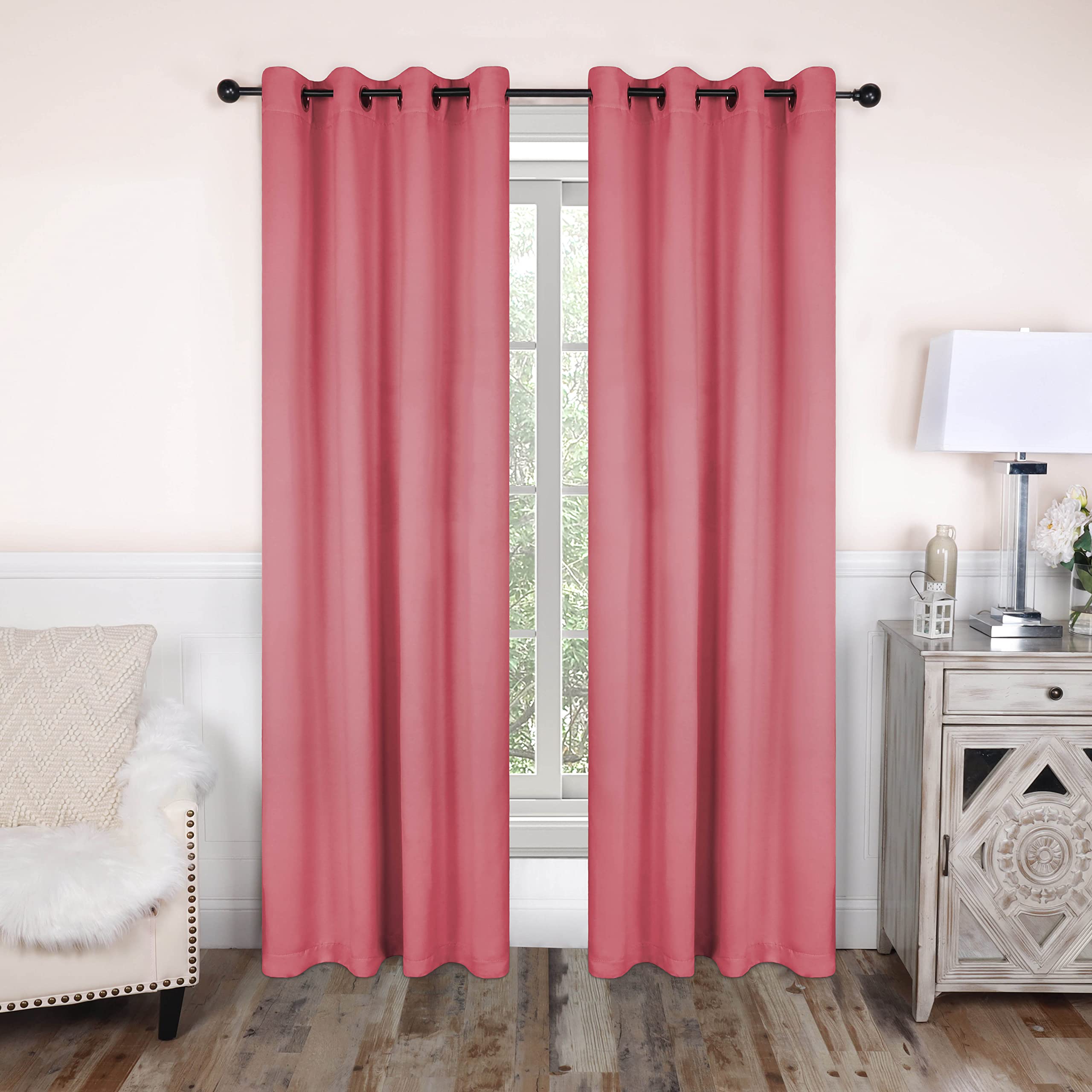 Superior Blackout Curtains, Room Darkening, Bedroom, Drapes, Kitchen, Living Room Window Accents, Sun Blocking, Thermal, 2 Pack, 8 Grommets, Solid Blackout Curtains, Set of 2, 52" x 84", Pink