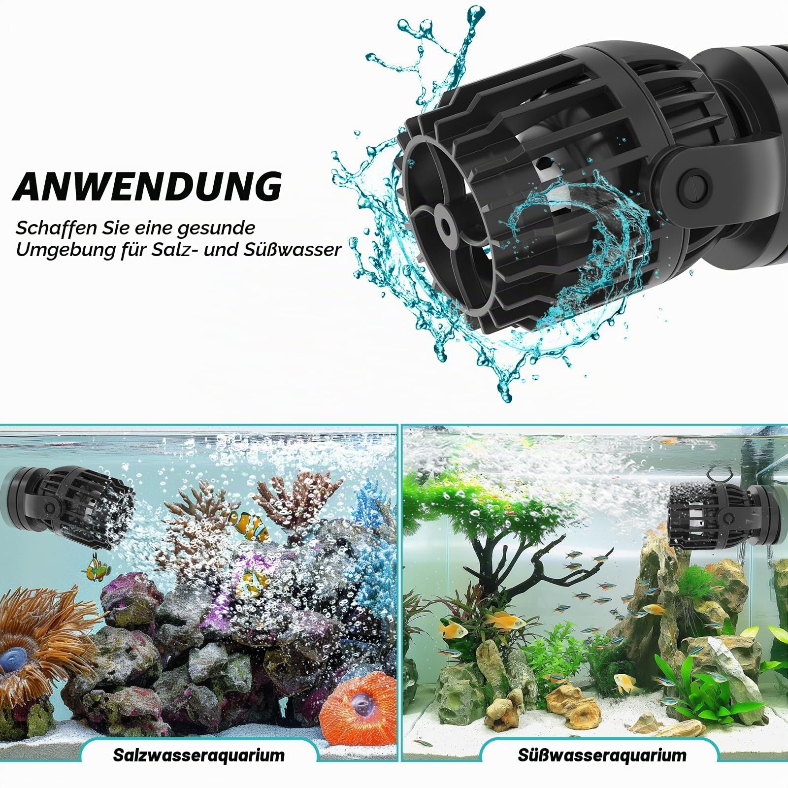 AQQA Strömungspumpe Aquarium, DC 23W 8000 L/h Powerhead, 6 Wellenmodi & Einstellbarer Durchfluss, Leise Aquarium Strömungspumpe mit Starker Magnetischer Basis für 350-1000L Tank