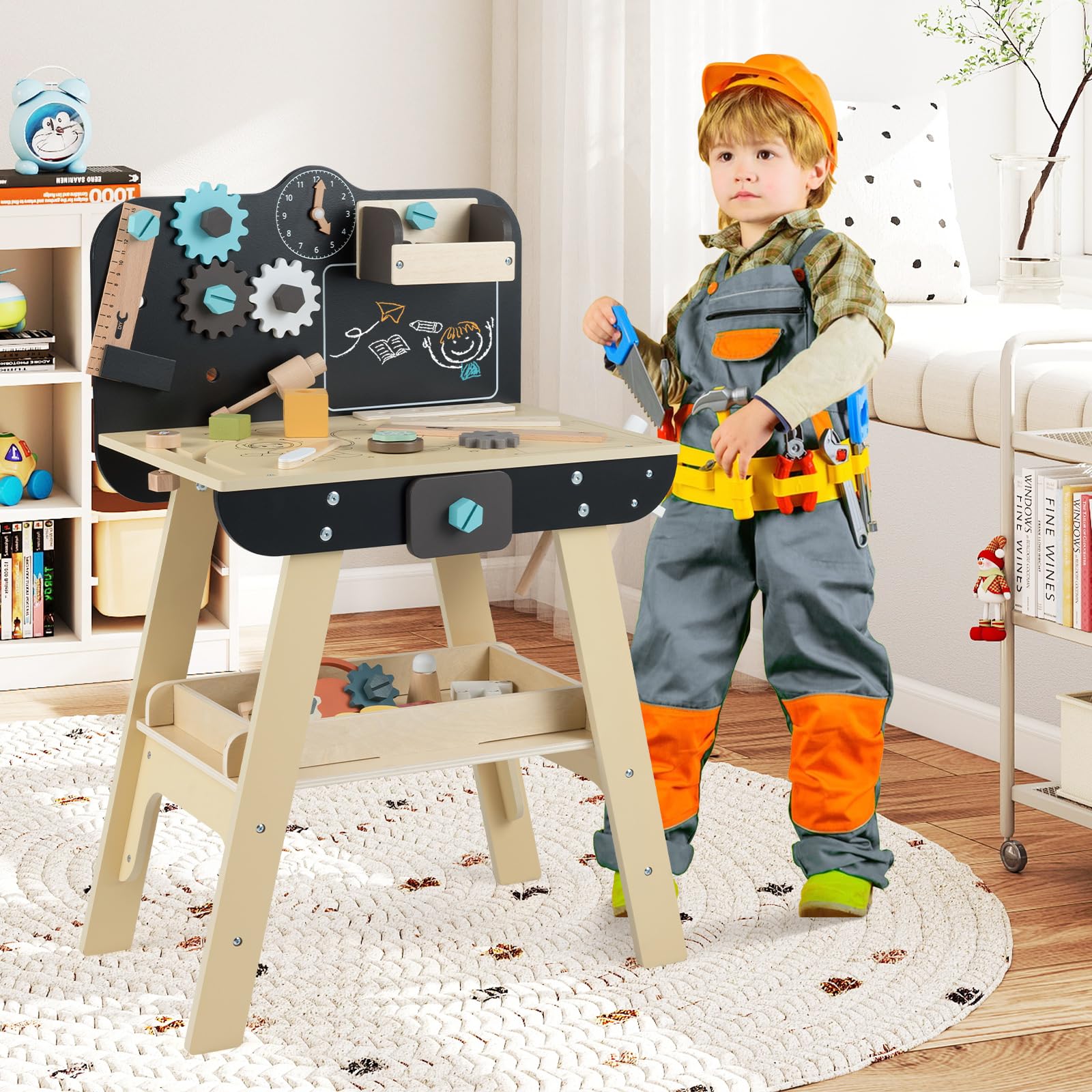 COSTWAY Banco da Lavoro in Legno per Bambini, Set Attrezzi Giocattolo con Martello, Cesello, Chiave Inglese, Ripiani e Ganci per Archivio, Tavolo da Lavoro Giocattolo Officina 3+ Anni