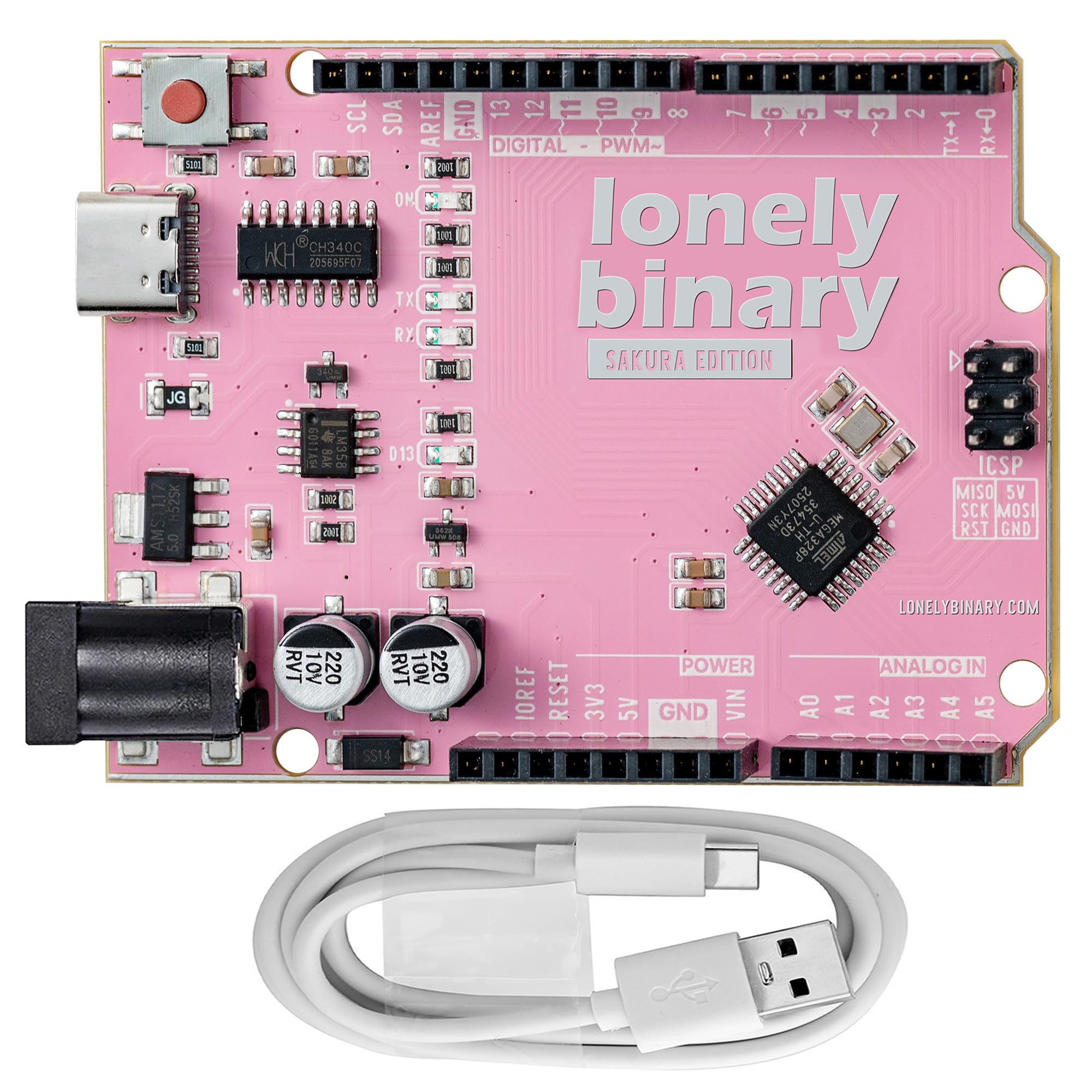 Lonely Binary UNO R3 Sakura Pink Gold Edition Carte de développement ATmega328P sans plomb de type C - Compatible avec Arduino IDE, Mac, Windows, projets de bricolage et STEM (1 paquet Sakura rose)