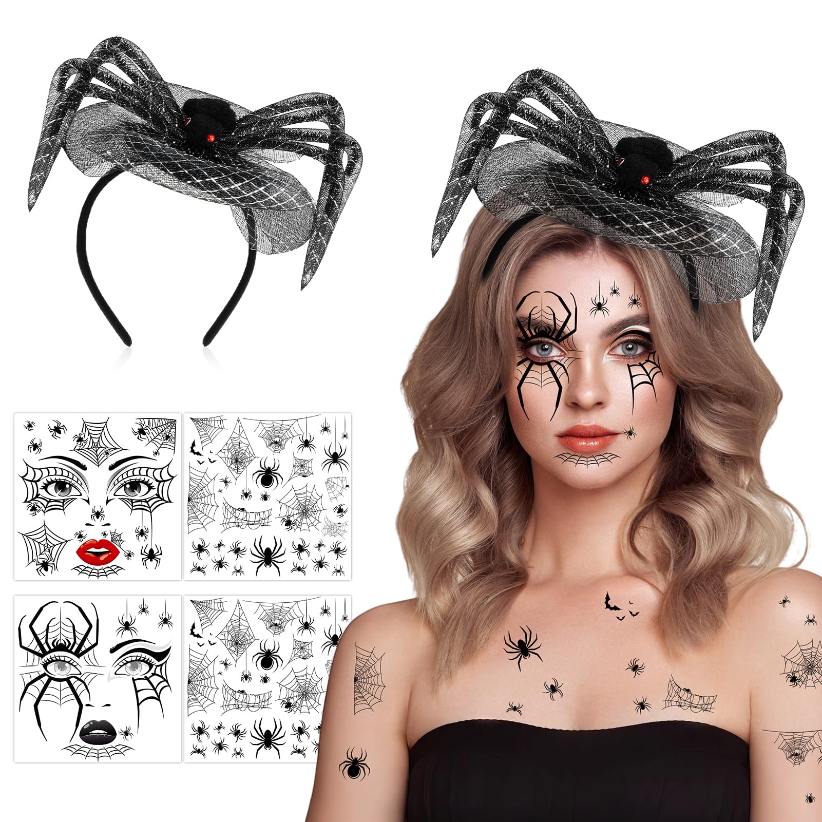 HOWAF Spider Headband & Halloween Face Tattoos Stickers, Hair Accessories for Spider Costume Carnival Halloween Costumes Women Men, B