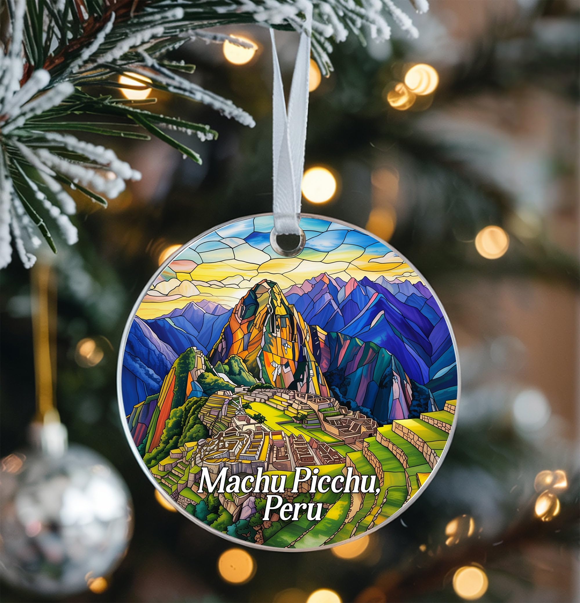 Machu Picchu Peru Stained Glass Acrylic Ornament - Ancient Ruins Mountain View Souvenir, Double-Sided Travel Keepsake Gift for Friends-Family,Peru Lovers, Hanging Decor Christmas Tree