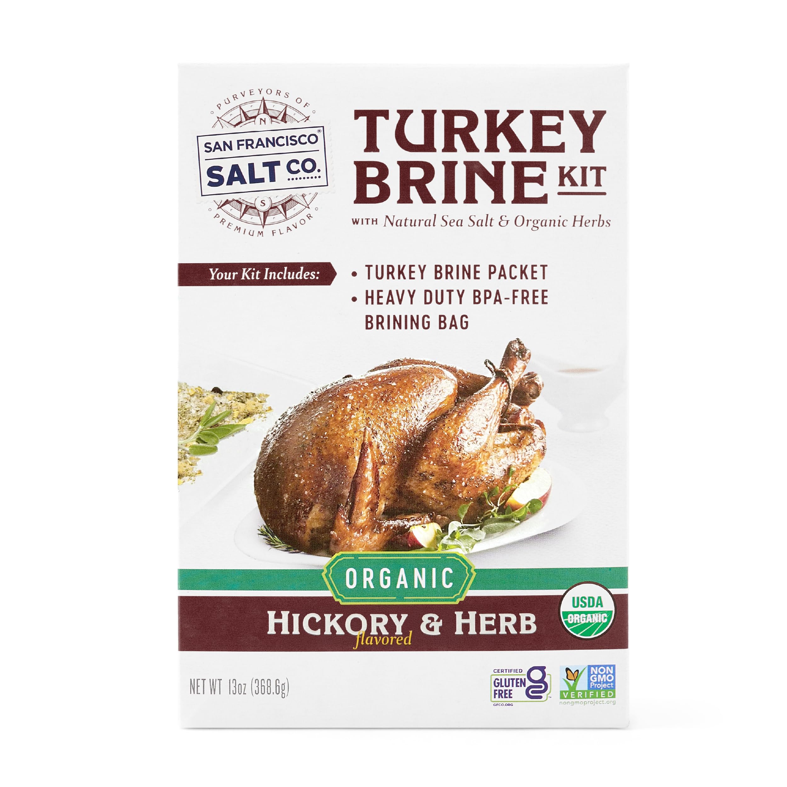 San Francisco Salt Company Organic Turkey Brine Kit – 13 oz Hickory & Herb Blend with BPA-Free Brine Bag – Certified Organic & Kosher Seasoning for