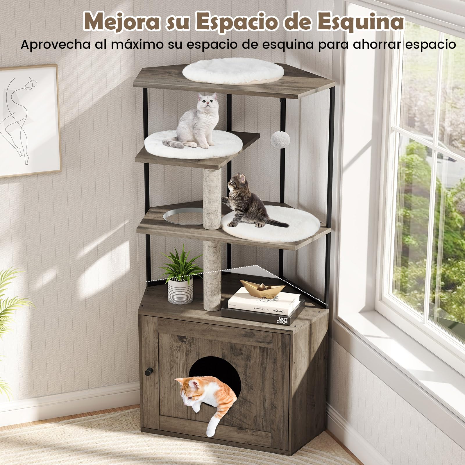 COSTWAY Árbol Rascador con Arenero para Gatos, Mueble para Gatos con 2 Postes Rascadores, 3 Alfombras, Agujero, Marco Metálico, Bola Colgante, Casa para Gatitos de Madera, 80 x 48 x 145 cm, Marrón
