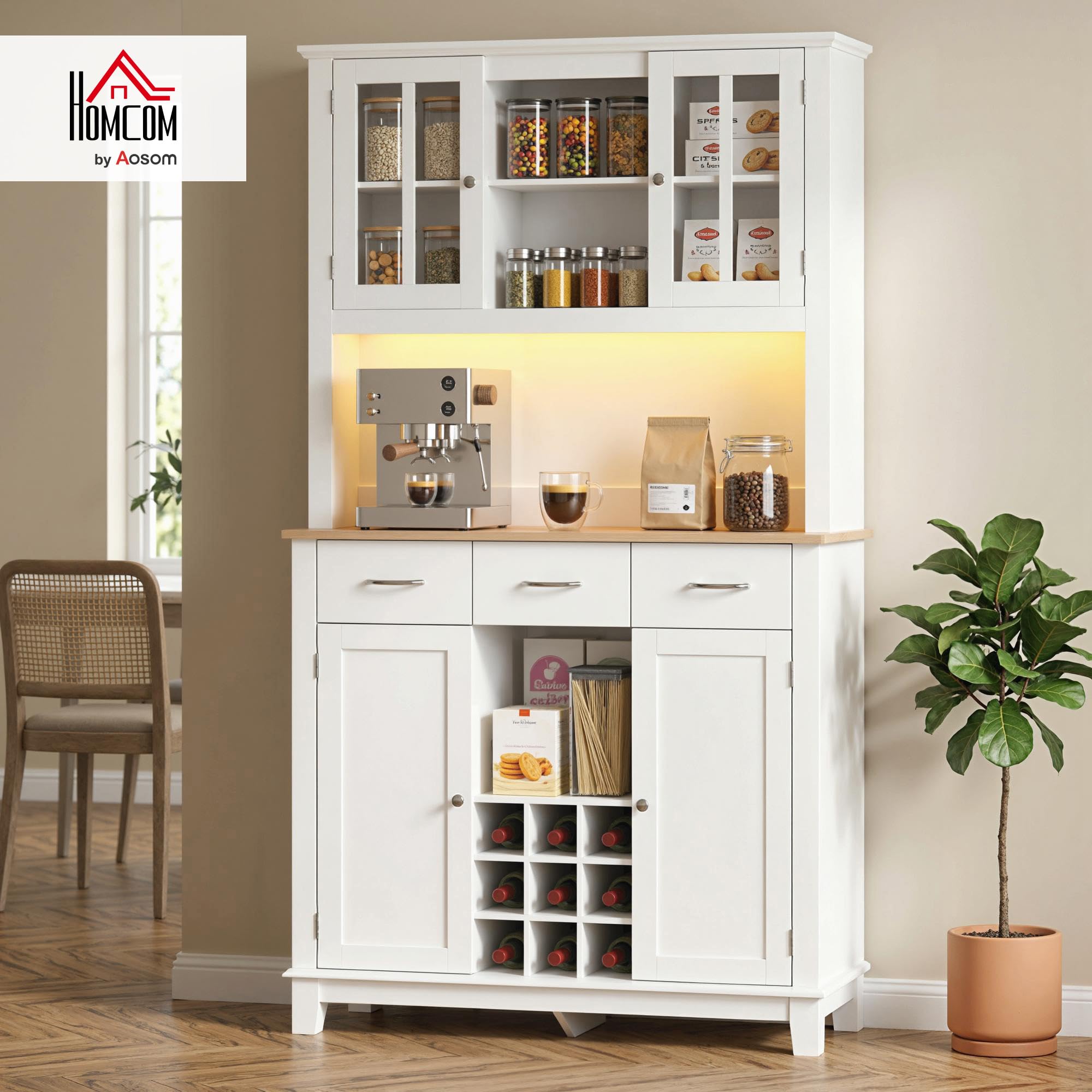 HOMCOM Alacena de Cocina con Iluminación LED Control por App, Armario Cocina Alta con Encimera para Microondas, Botellero, Puertas de Vidrio, Estantes Abiertos, 3 Cajones, Estantes Ajustables, Blanco
