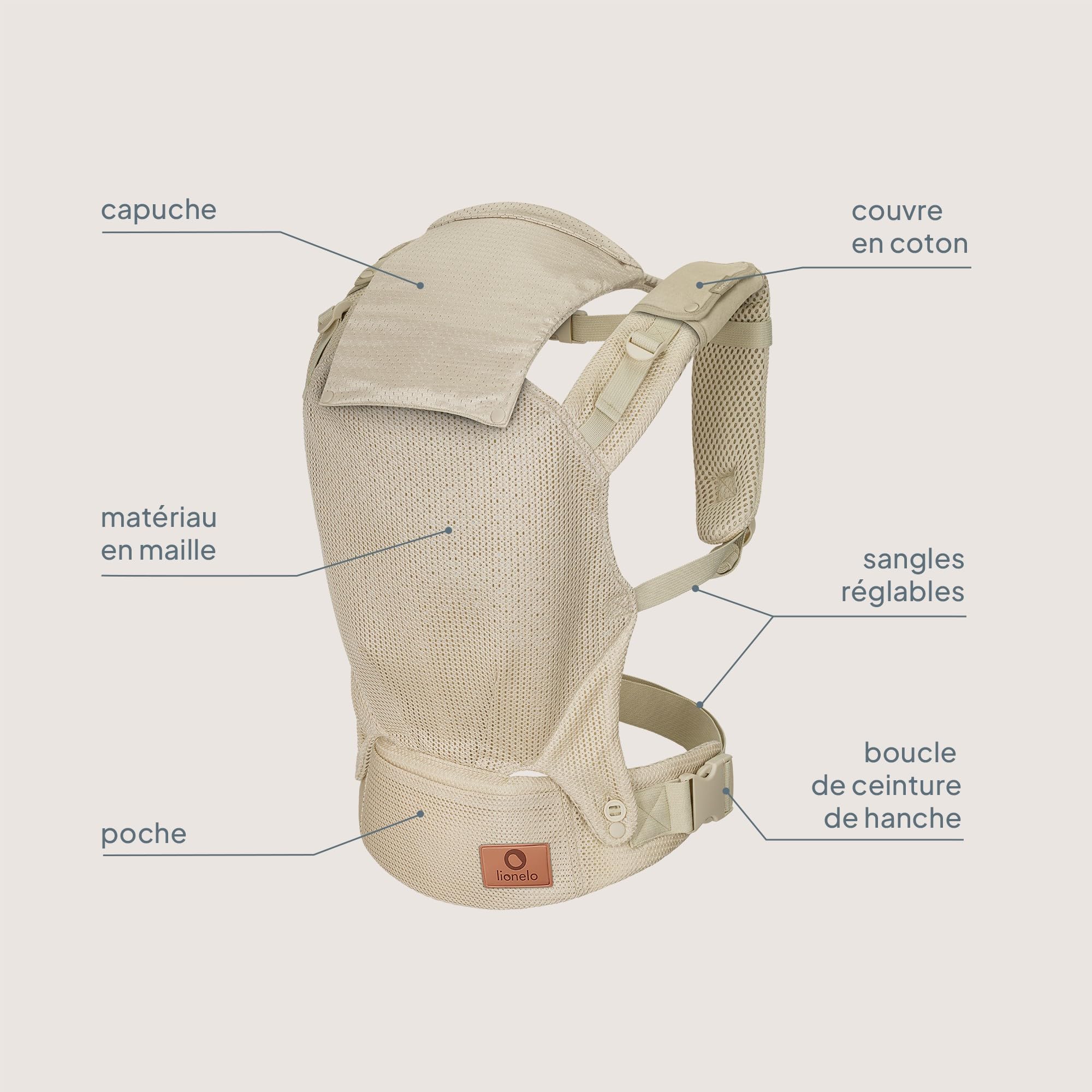 Lionelo Margareet Air Porte-Bébé Ergonomique, Respirant, dès 4 Mois, Beige | Jusqu’à 20 kg, 3 positions de portage, panneau évolutif, double sécurité, séchage rapide et capuche amovible