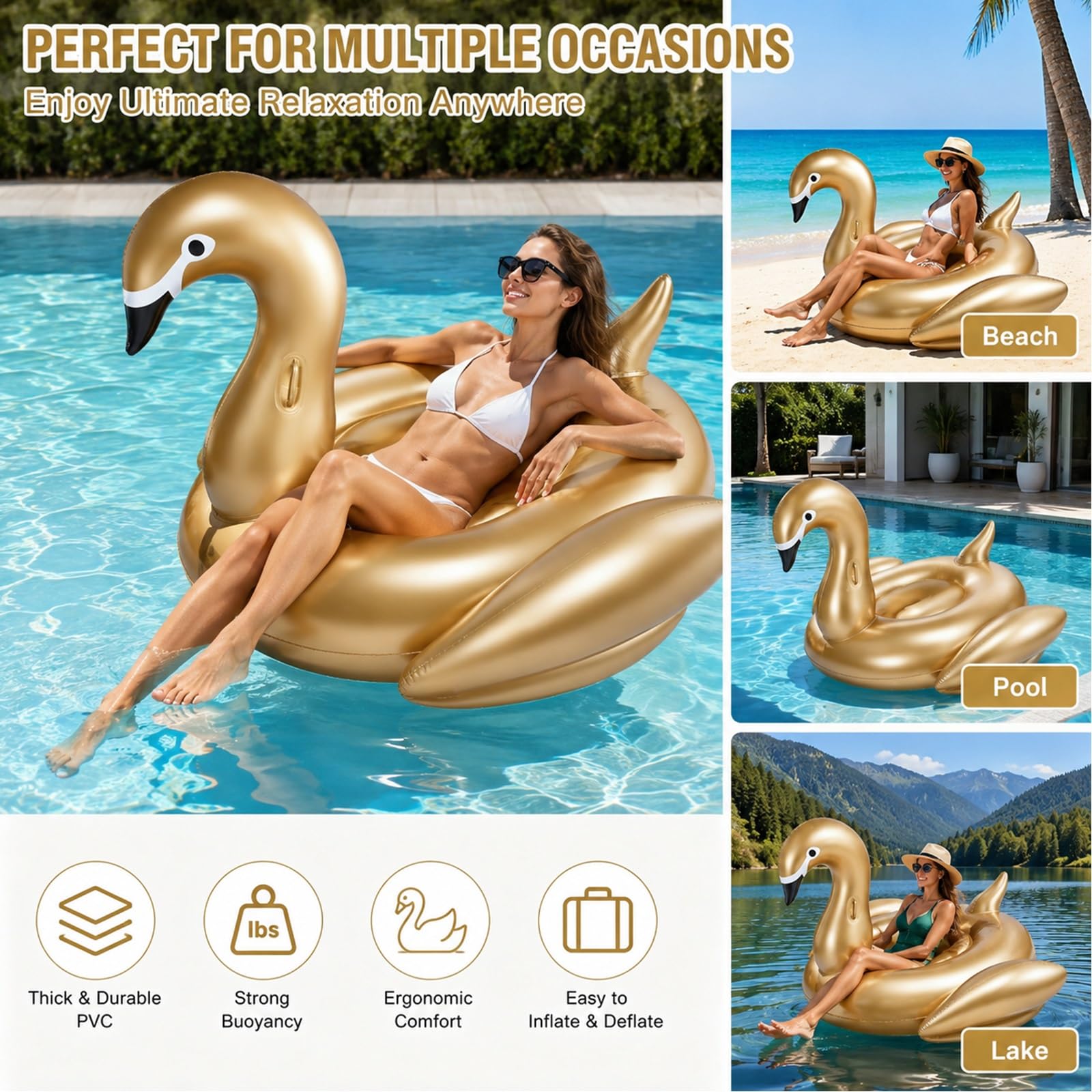 Flotador Inflable Cisne Dorado para Piscina Tumbona Flotante