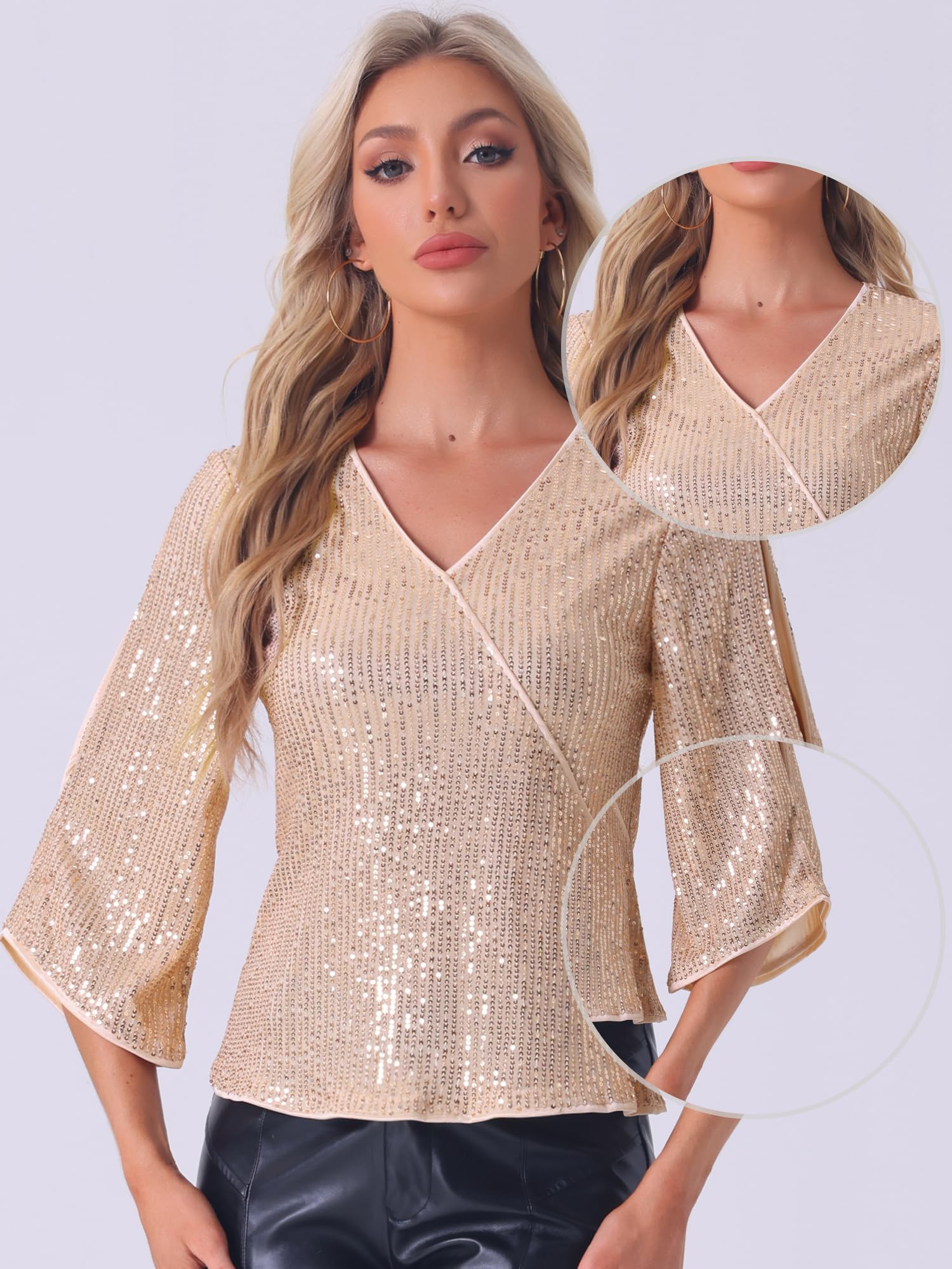 Allegra K Donna Blusa Paillettes Scollo a V Maniche a 3/4 Festa Club | Maniche Traforate con Dettagli Luminosi Design Scintillante per Eventi Serali Cocktail Celebrazione Prom
