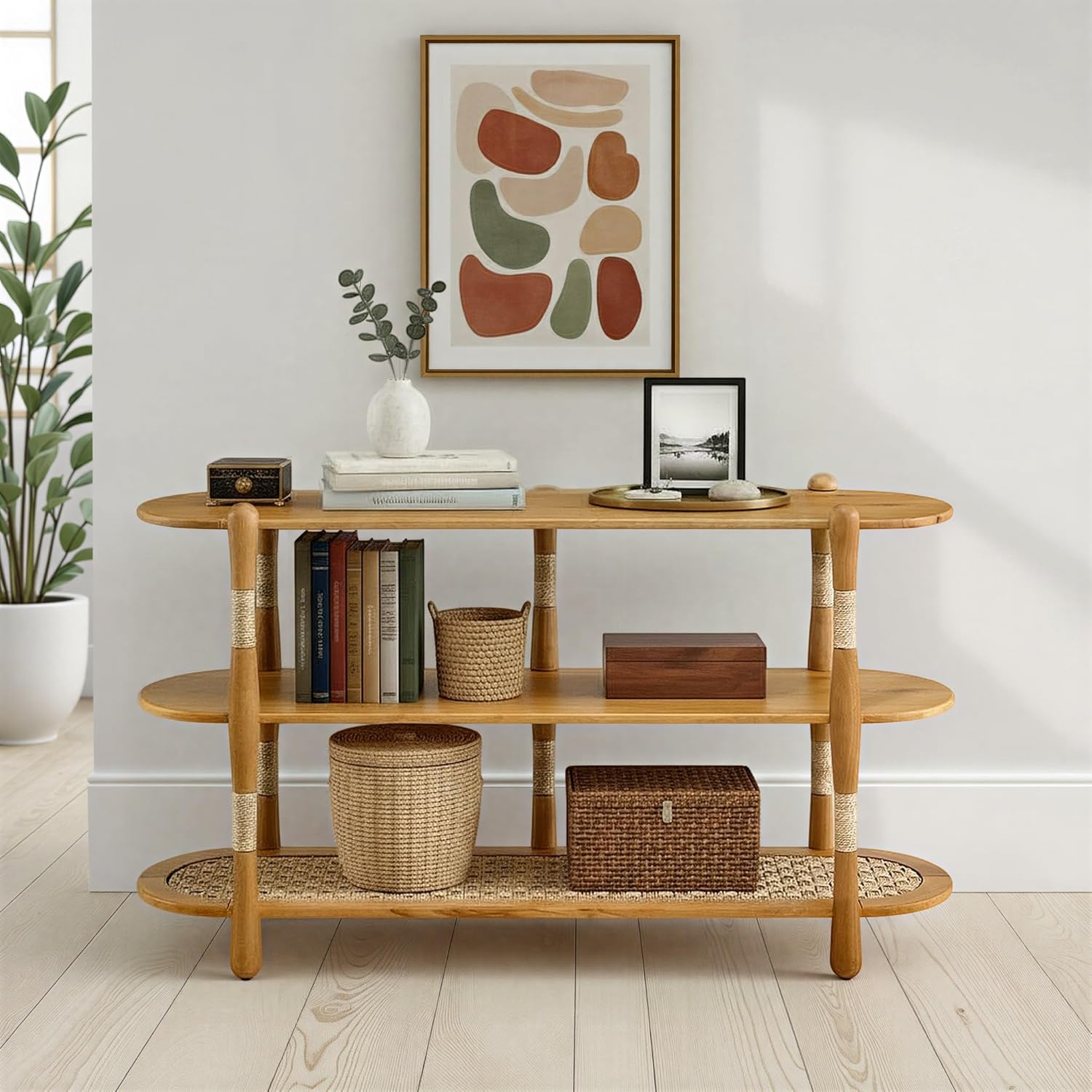 Harbor Oak 55" Narrow Oak Wood Sofa Table with Seagrass Accents and Shelf Storage | Coastal Boho Console Table. Natural Oak Finish.