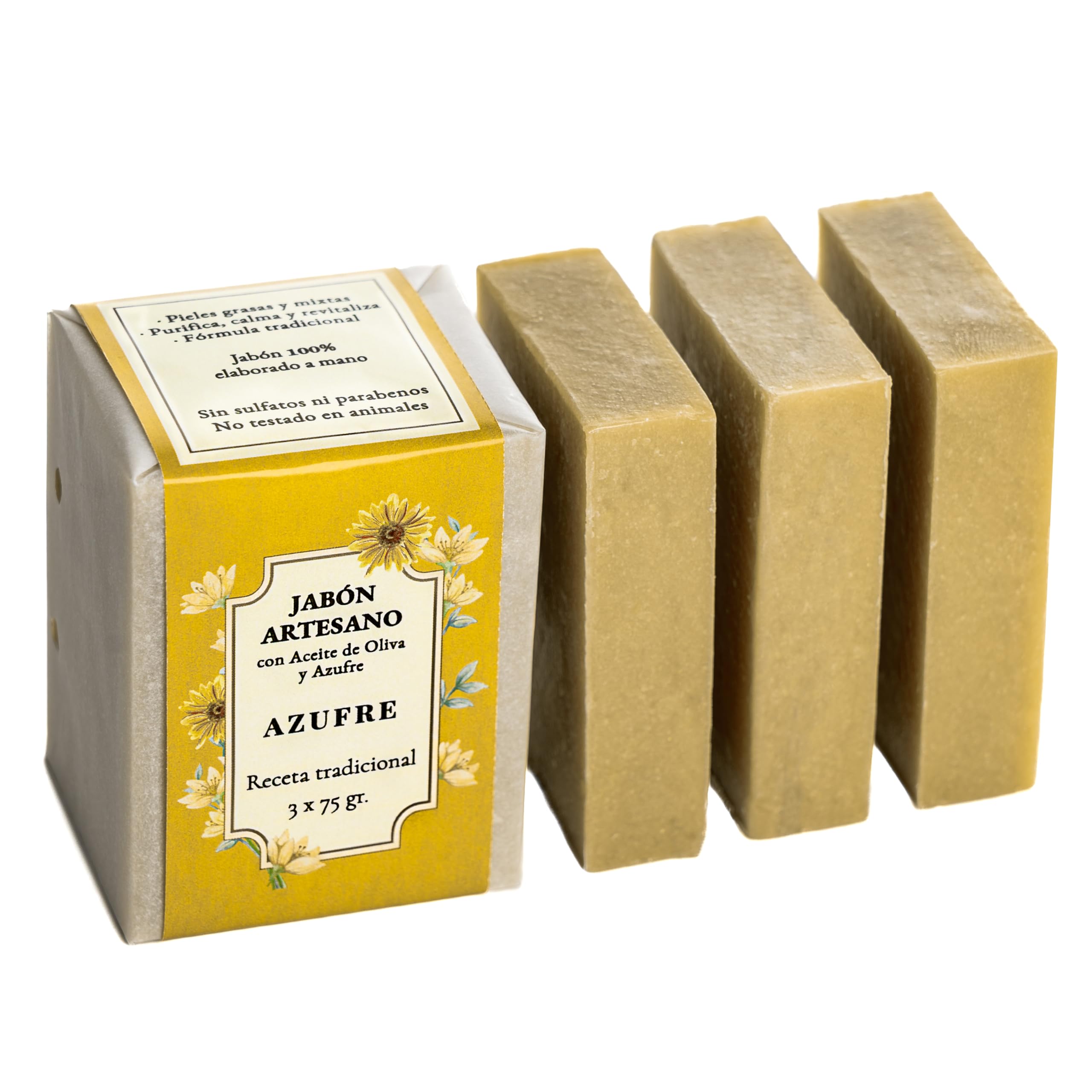 CABRERIZO SOAP Sapone allo Zolfo per acne viso- 3 Saponi Artigianali Olio d’Oliva 3 x 75 g, SAPONE ZOLFO VISO per Punti Neri, Acne e Dermatite - Saponetta Naturali per i brufoli