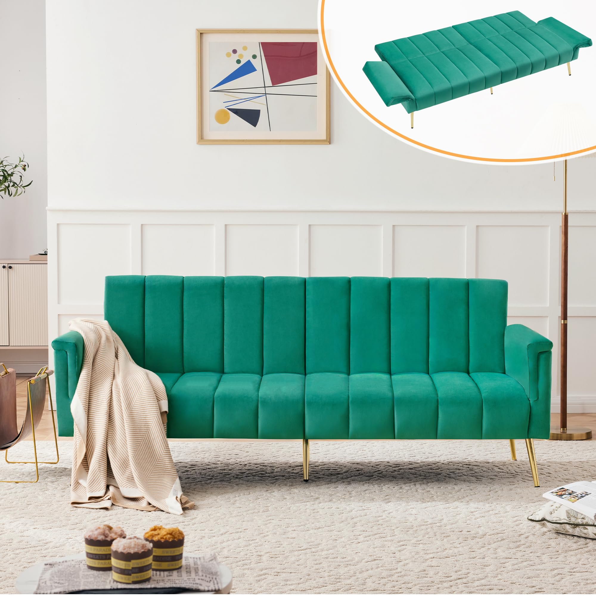 BTM Modern Click Clack Sofa Bed with Multi‑Position Backrest & Armrests, Metal Legs Convertible Sleeper Sofa Velvet Green
