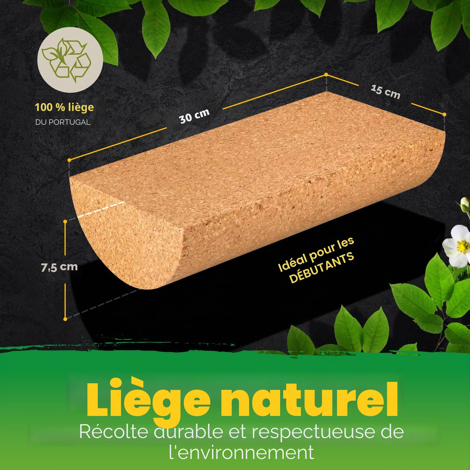 Demi-rouleau de planche d'équilibre en liège | Demi-rouleau en liège | 30 x 15 x 7,5 cm | Fabriqué au Portugal