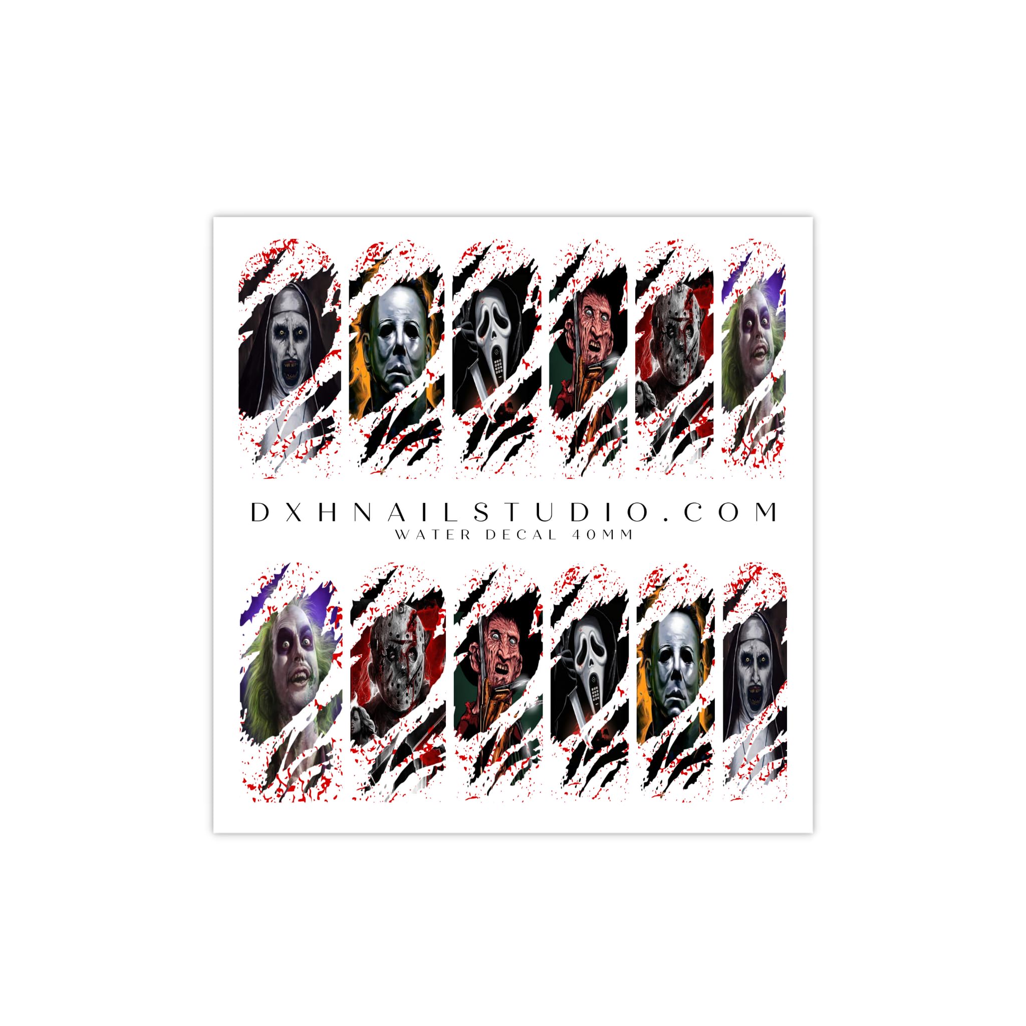 Fun Halloween Horror Villain Nail Decals Clear Water Transfer Nail Wraps Blood Splatter Claw Marks Scary Spooky Slasher Nail Enhancements (40MM Medium)