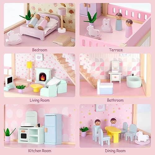 Miniatura 8 de Casa de muñecas de madera de 3 pisos con muebles de 38 piezas  Casa de juegos moderna de fácil montaje  Techo verde menta, colores neutros de género
