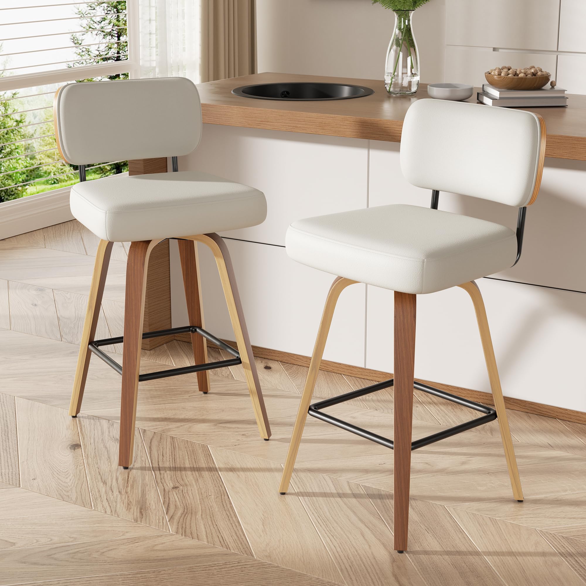 Swivel Bar Stools Set of 2, 26" Upholstered Faux Leather Counter Height Barstools with Walnut Back & Bentwood Legs, Mid Century Modern Bar Chairs Island Stools for Kitchen Counter, Beige - 4