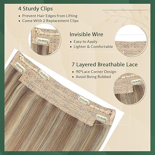 Miniatura 3 de Ugeat Extensiones de cabello humano real con alambre de color rubio con reflejos, línea de pescado invisible, extensiones de cabello Remy, rubio