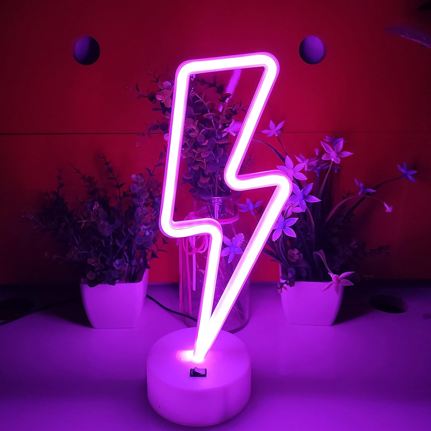 JYWJ Lightning Neon Sign With Holder Base,USB or 3-AA Battery Powered Neon Light,LED Desktop Wall Decoration,Various Parties,Decoration Of Business Premises(Pink)