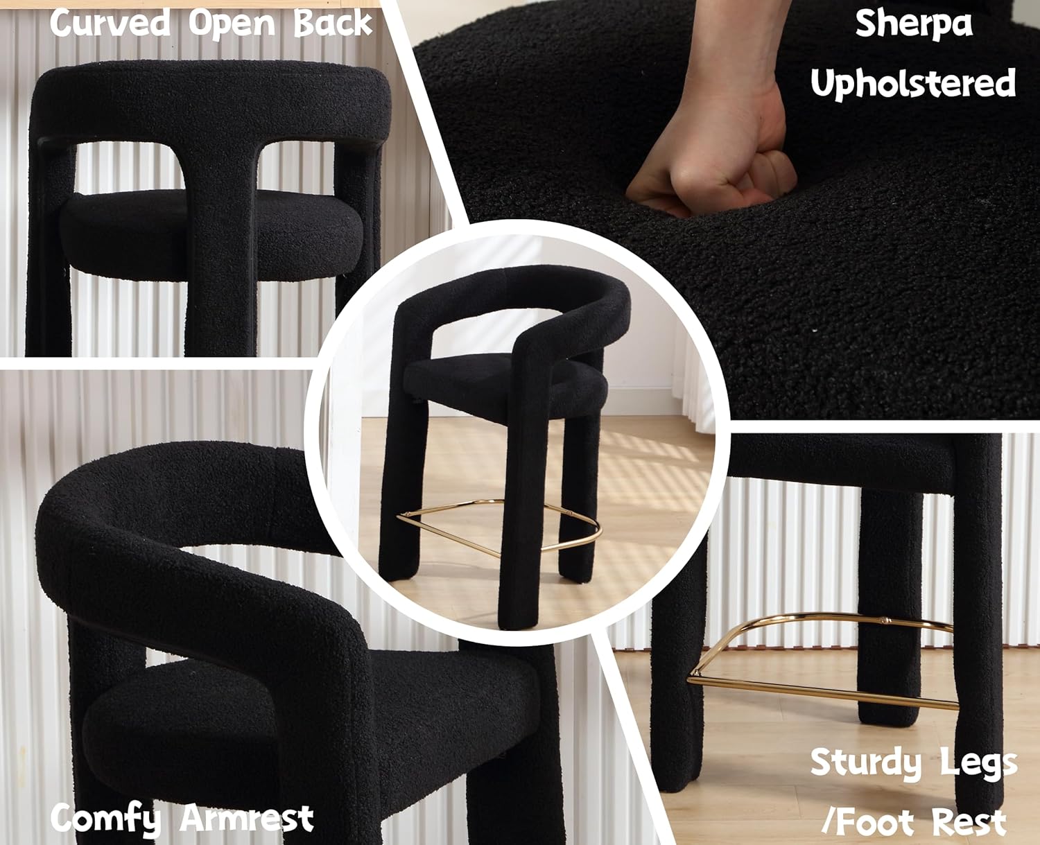 EALSON Boucle Counter Height Bar Stools with Open Back Set of 2 Modern Barrel Barstools with Arms Upholstered Comfortable Sherpa Bar Chairs for Kitchen Island/Breakfast, Black 26 Inch