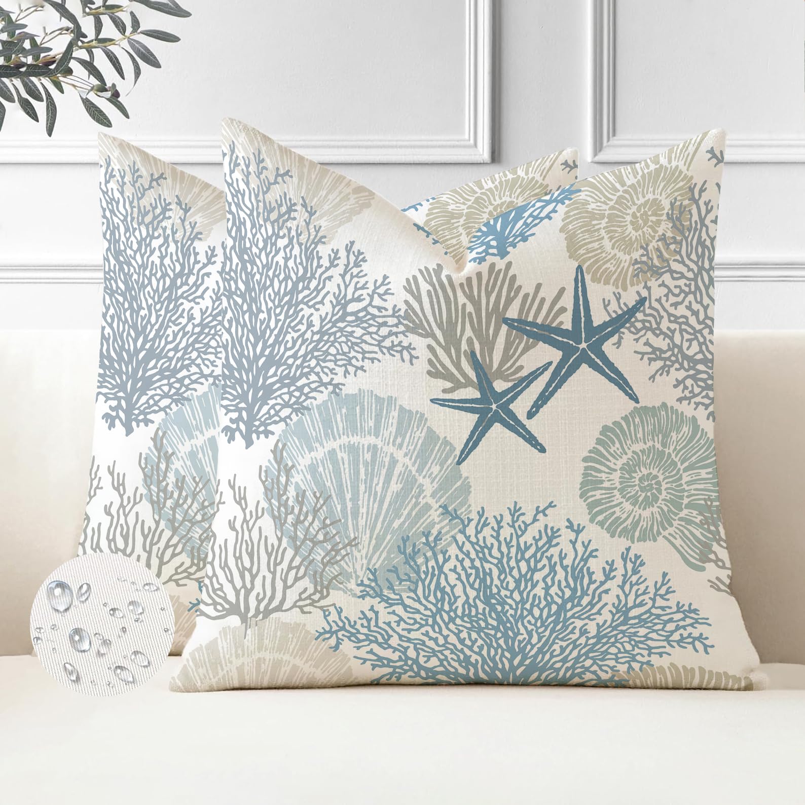 Miuyunya Waterproof Cushion Covers Pack of 2 40 x 40 cm Decorative Outdoor Cushion Cover Spring Summer Blue Starfish Shell Coral Cushion Cover Ocean Theme Decorative for Patio Garden Sofa — image 1