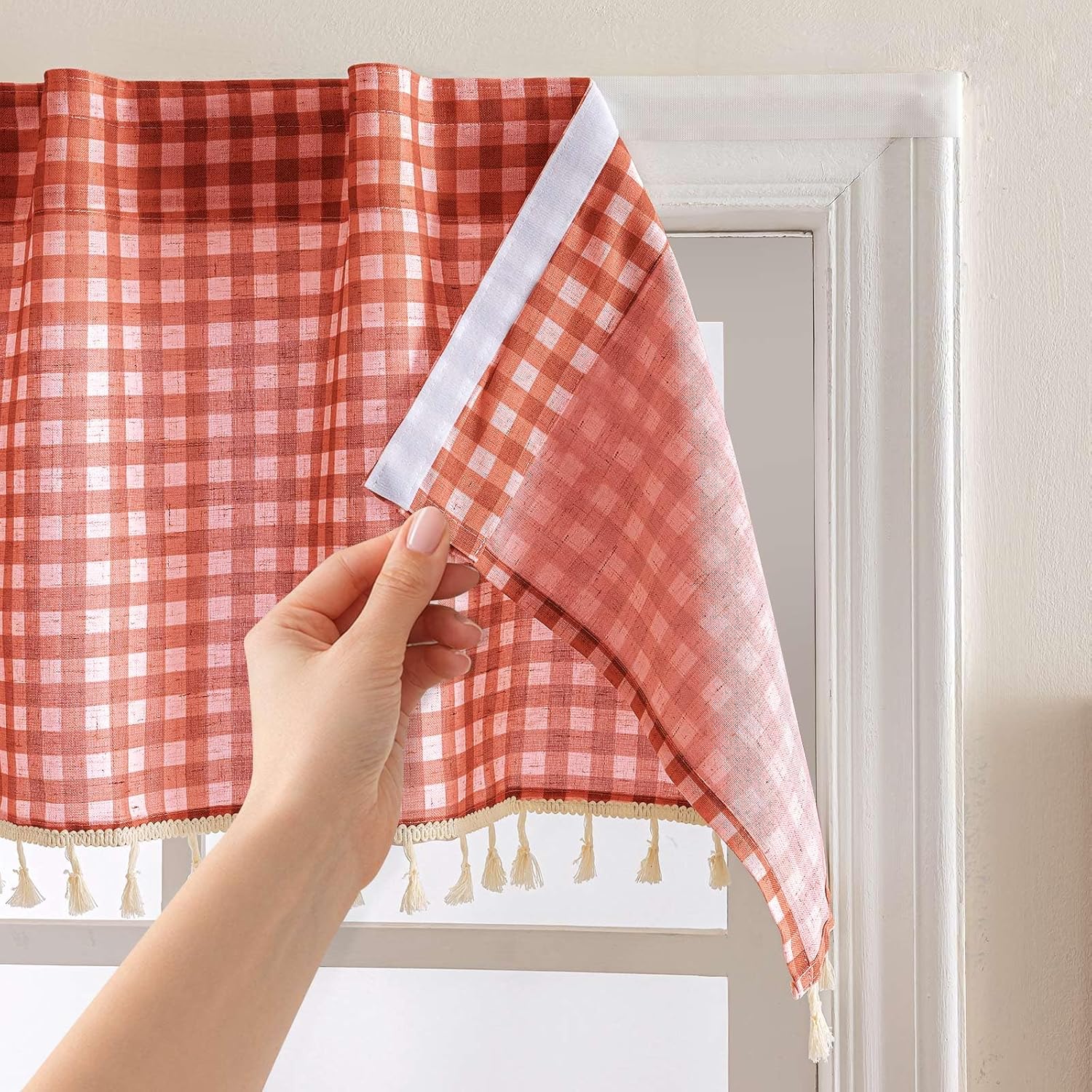 Jilron Gingham Curtains Valance for Kitchen Windows - Farmhouse Checkered Linen Curtains, Single Panel Short Curtains with Light Filtering & Easy Installation-Red Check(W 52*L 18in-1-Panel)