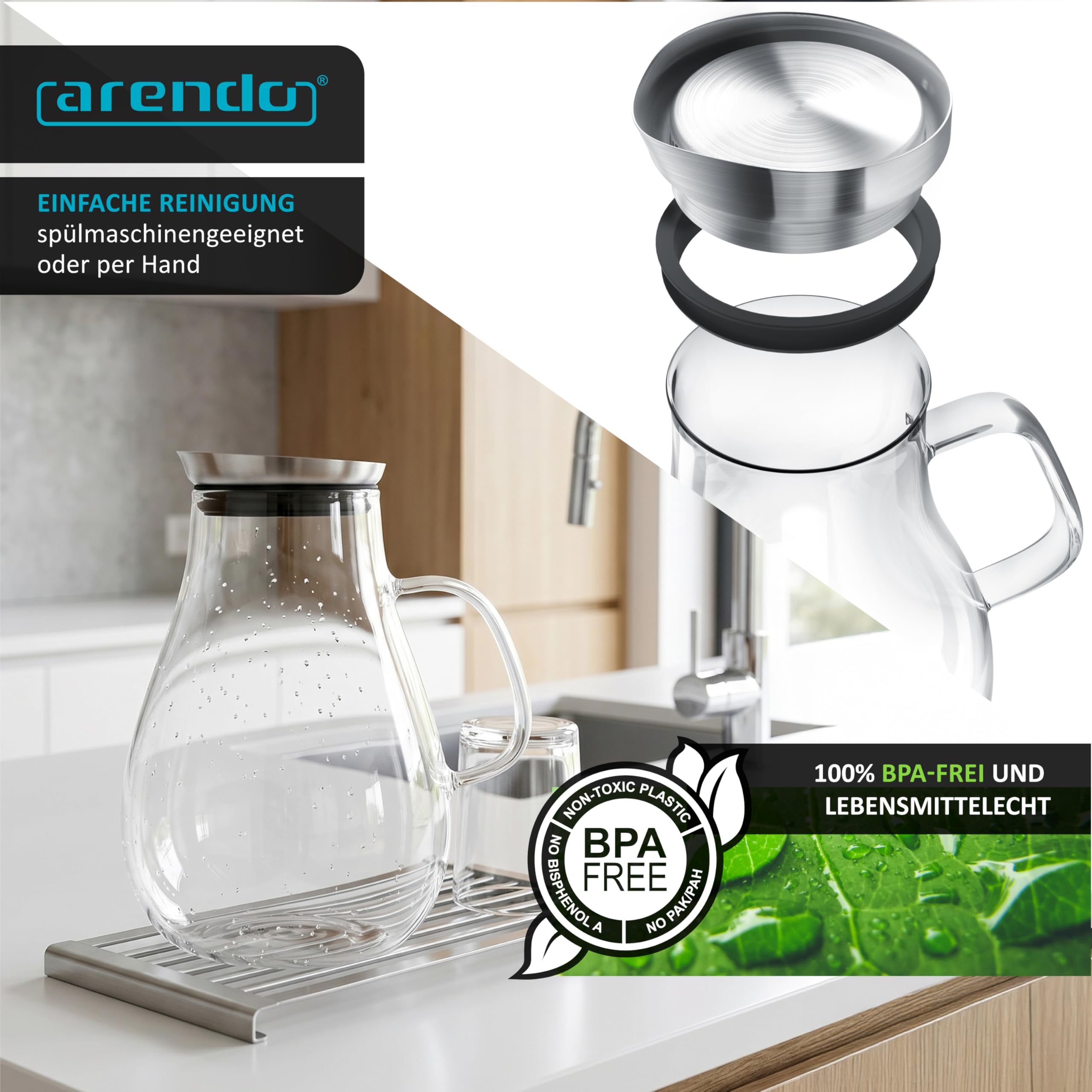 Arendo - Glaskaraffe 2500 ml, Karaffe aus Glas mit Deckel 2,5 L, Wasserkaraffe mit Edelstahldeckel und integriertem Grobfilter, Borosilikatglas, Haltegriff, Temperaturbereich –20 °C bis +150 °C