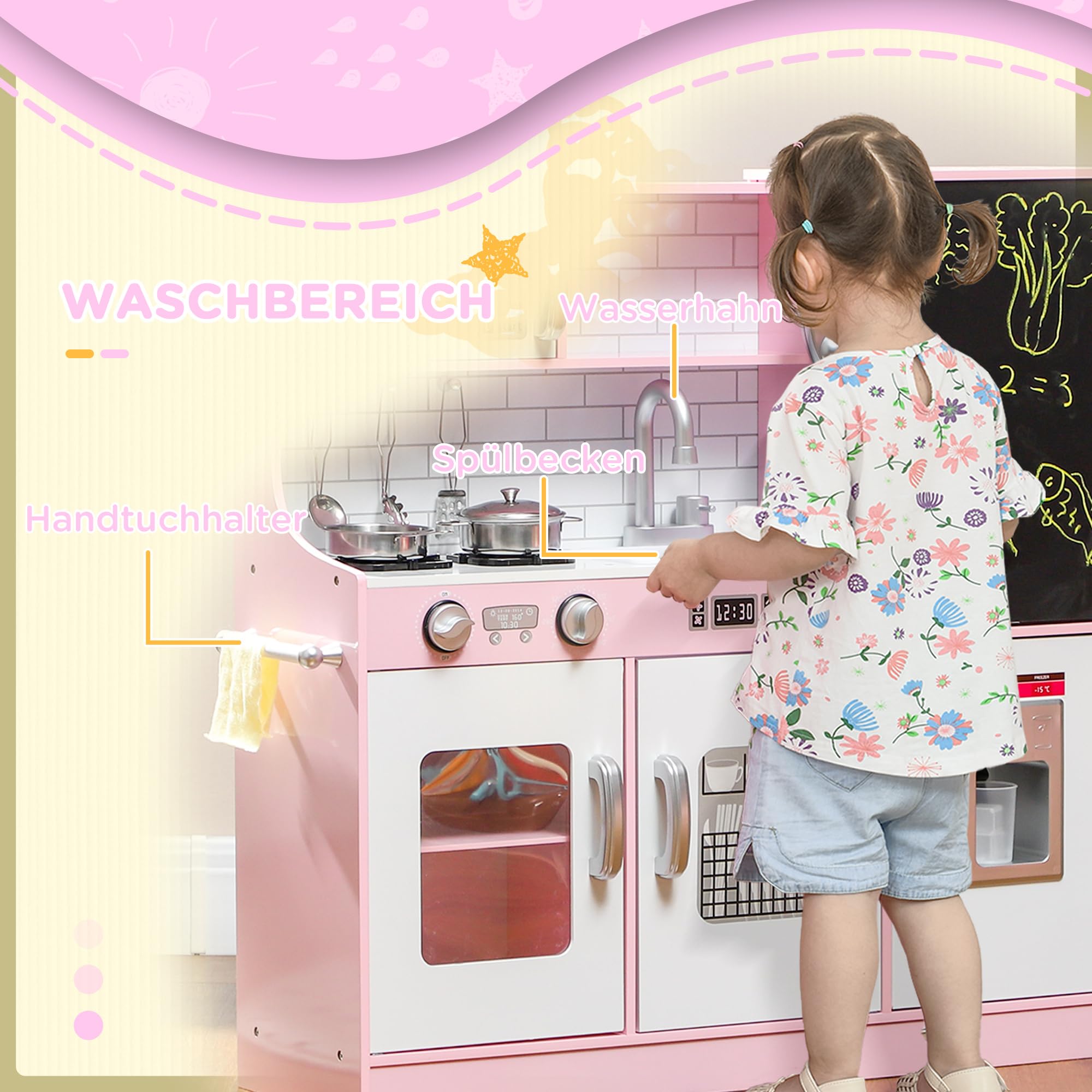 AIYAPLAY Kinderküche Spielküche mit Spielzeug Telefon für 3-8 Jahre Rosa