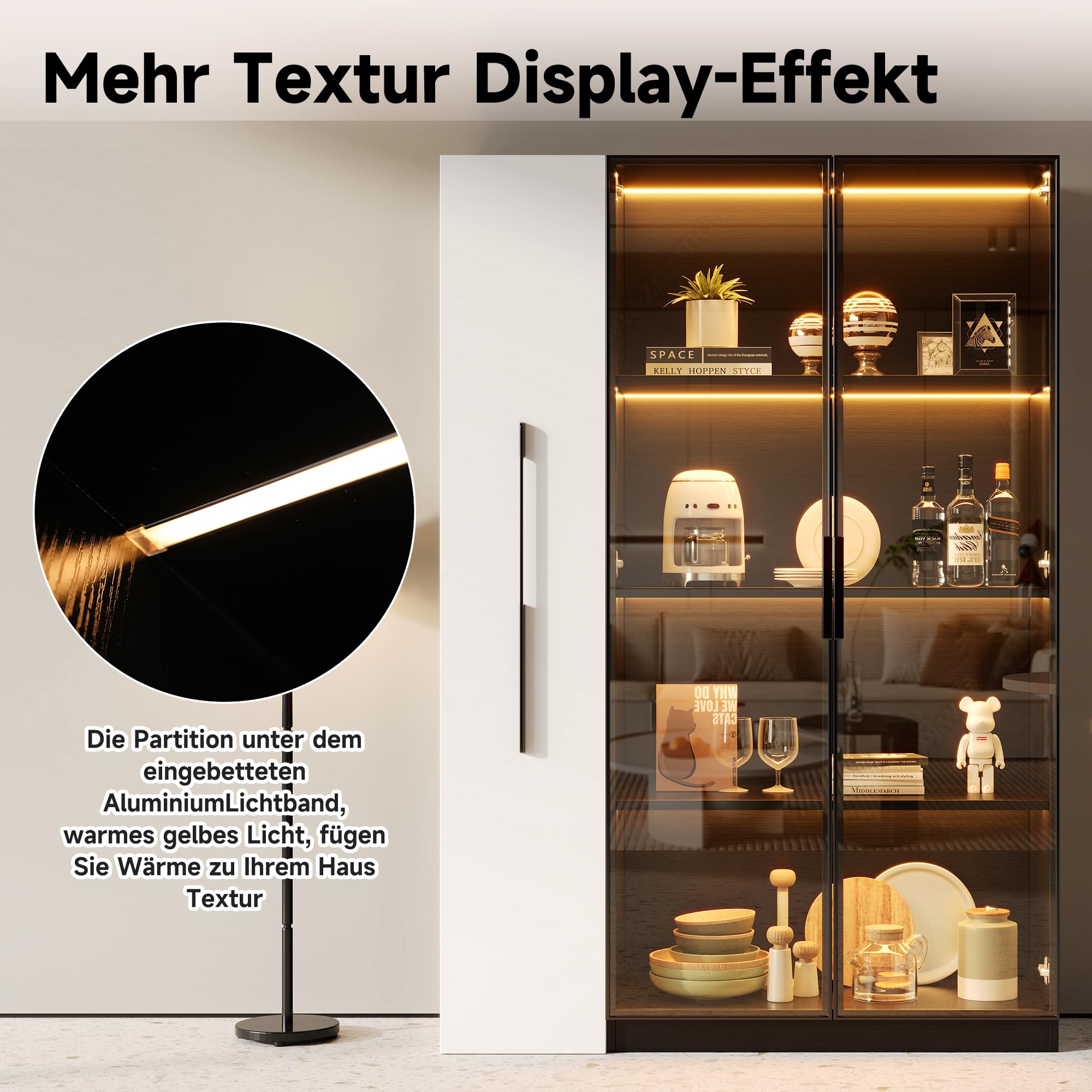 Merax Vitrine 110,5x35x160 cm, Multifunktionsschrank mit Glastür und LED-Beleuchtung, Seitenauszug auf Rollen, moderner Hochschrank in für Wohnzimmer, Esszimmer oder Büro, Schwarz & Weiß