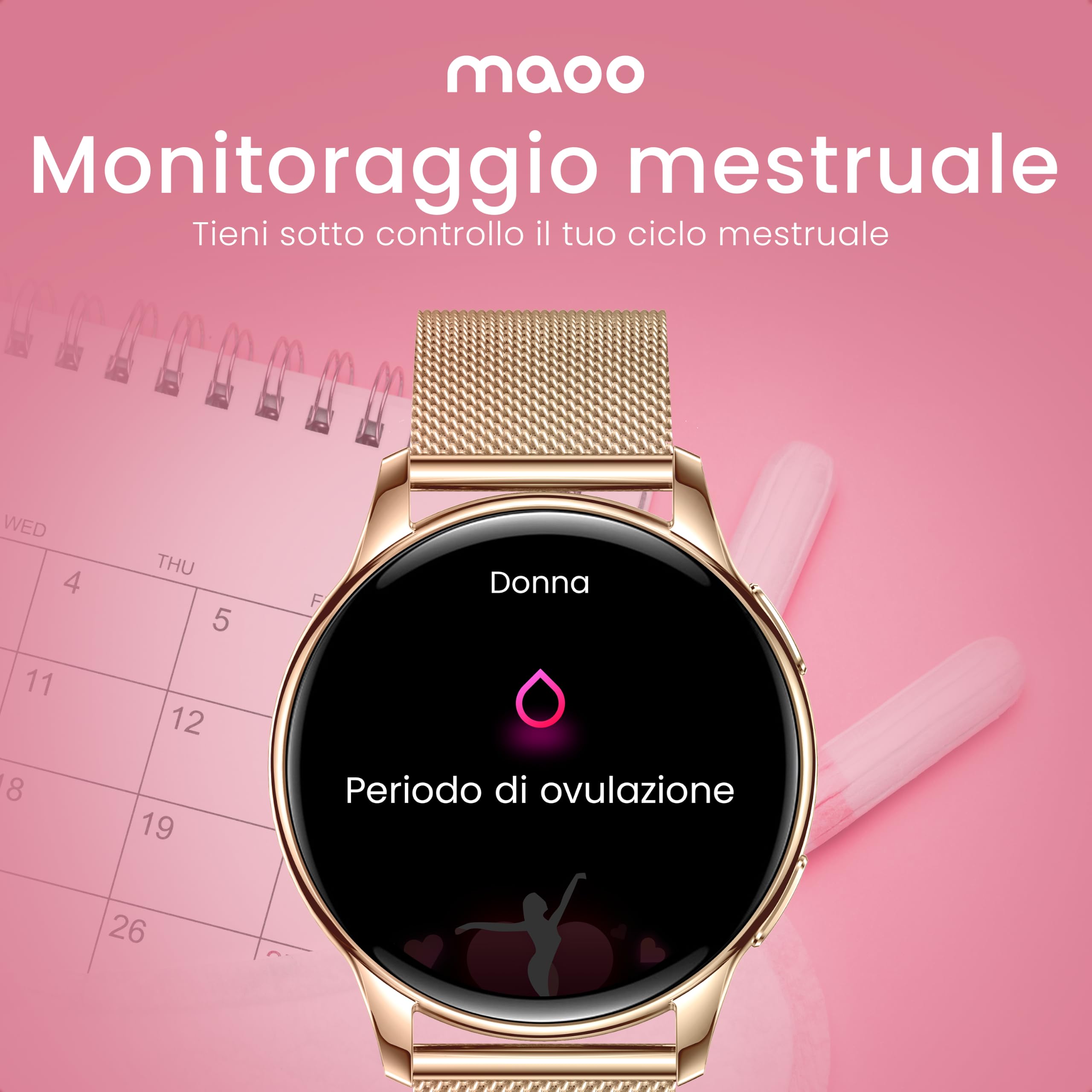 Maoo Ventura Smartwatch Donna con Chiamate, Display AMOLED 1,32”, Cardiofrequenzimetro, SpO₂, Pressione Sanguigna, 100+ Modalità Sportive, IP67, 5 Cinturini, Oro Rosa