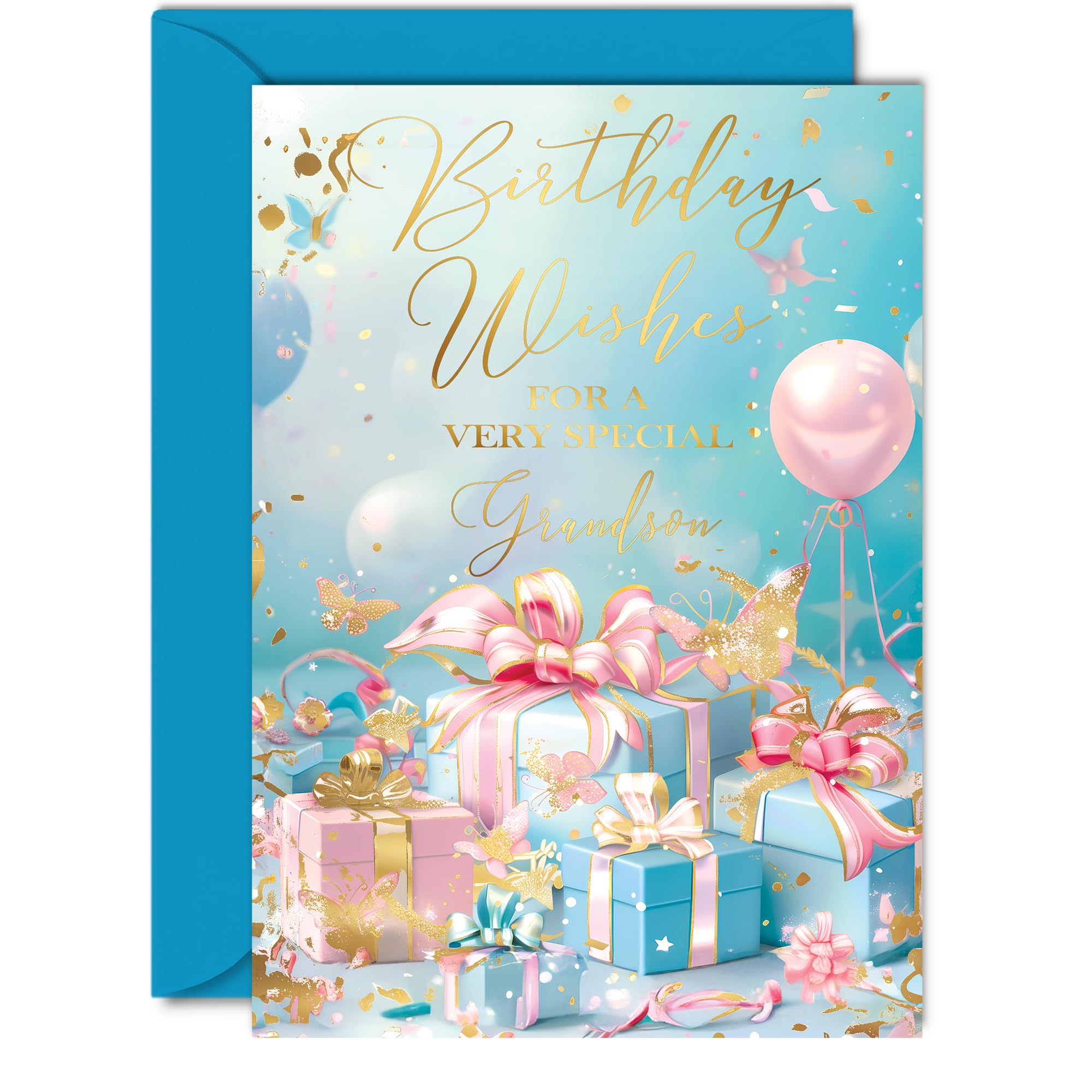 Beautiful Gold Birthday Cards for Grandson - Fantastic Golden Presents - Elegant Traditional Pretty Birthday Card for Grandson from Grandparents, A5 Gorgeous Greeting Cards Gift