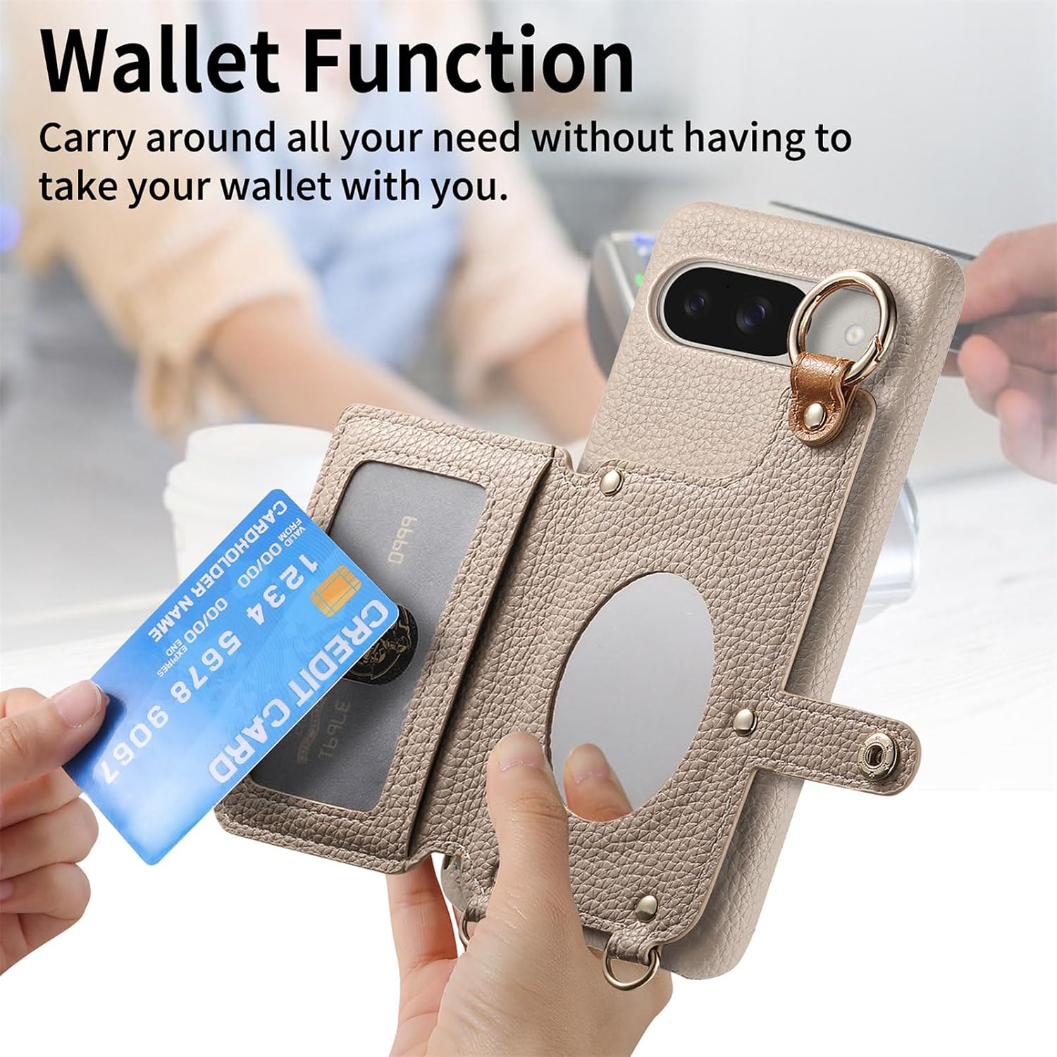 Wallet Case for Google Pixel 9 Pro XL with Lanyard Strap Card Slot Holder RFID Blocking 360° Ring Kickstand,Magnetic Flip Folio Zipper Purse Case, PU Leather Cover Handbag,Khaki
