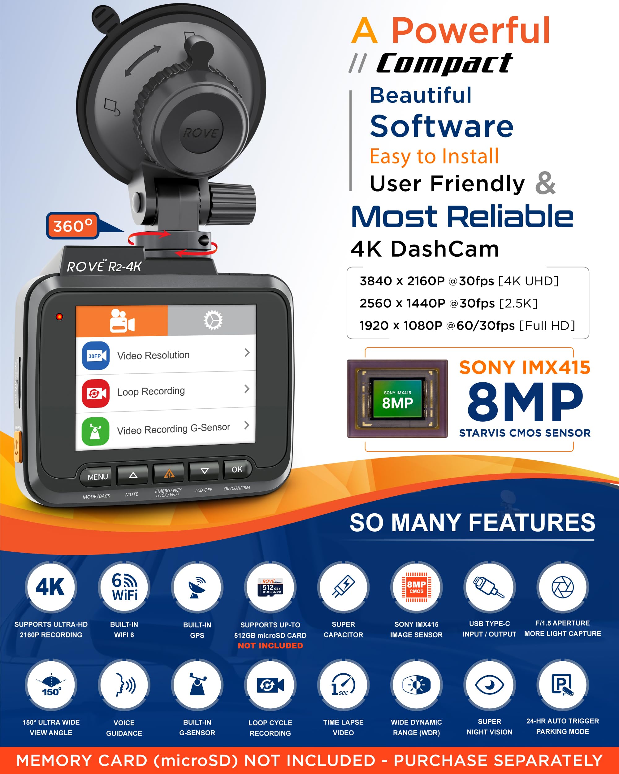 ROVE R2-4K kamera samochodowa WiFi GPS kamera samochodowa Ultra HD 2160p w samochodzie DVR rejestrator kamery z szerokim kątem 150°, super noktowizor, czujnik G, nastrój parkowania, poklatkowy