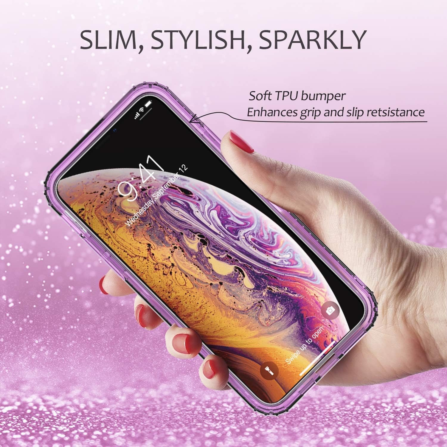 Hekodonk Compatible iPhone 11 Pro Case Built in Screen Protector Dual Layer Hard PC TPU Bumper Full Body Protective Shockproof Flexible Anti-Scratch Cover for Apple iPhone 11 Pro Bling Clear Purple