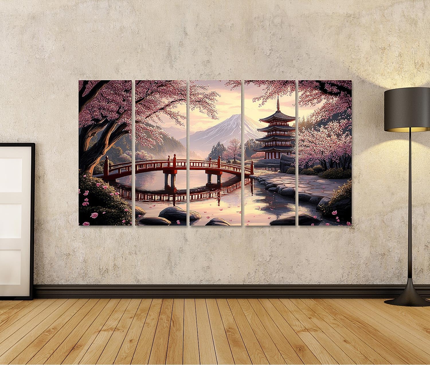 islandburner Primer cuadro sobre lienzo Jardín japonés en primavera con flores de cerezo y puente cuadros murales carteles