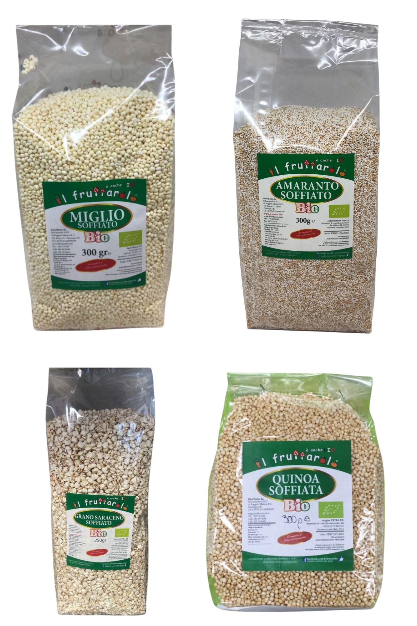 Kit di 4 cereali soffiati biologici: quinoa, amaranto, miglio, grano saraceno - 300 g cadauno. Naturalmente senza glutine. Non solo per bevande ma anche per yogurt, minestre e insalate