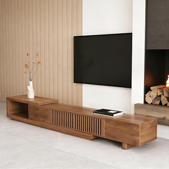 Mid Century Modern TV Stand for 75+ Inch TVs, Extendable Media Console (199.5cm-261.5cm) with Ample Storage - Sleek Walnut Entertainment Center for Living Room