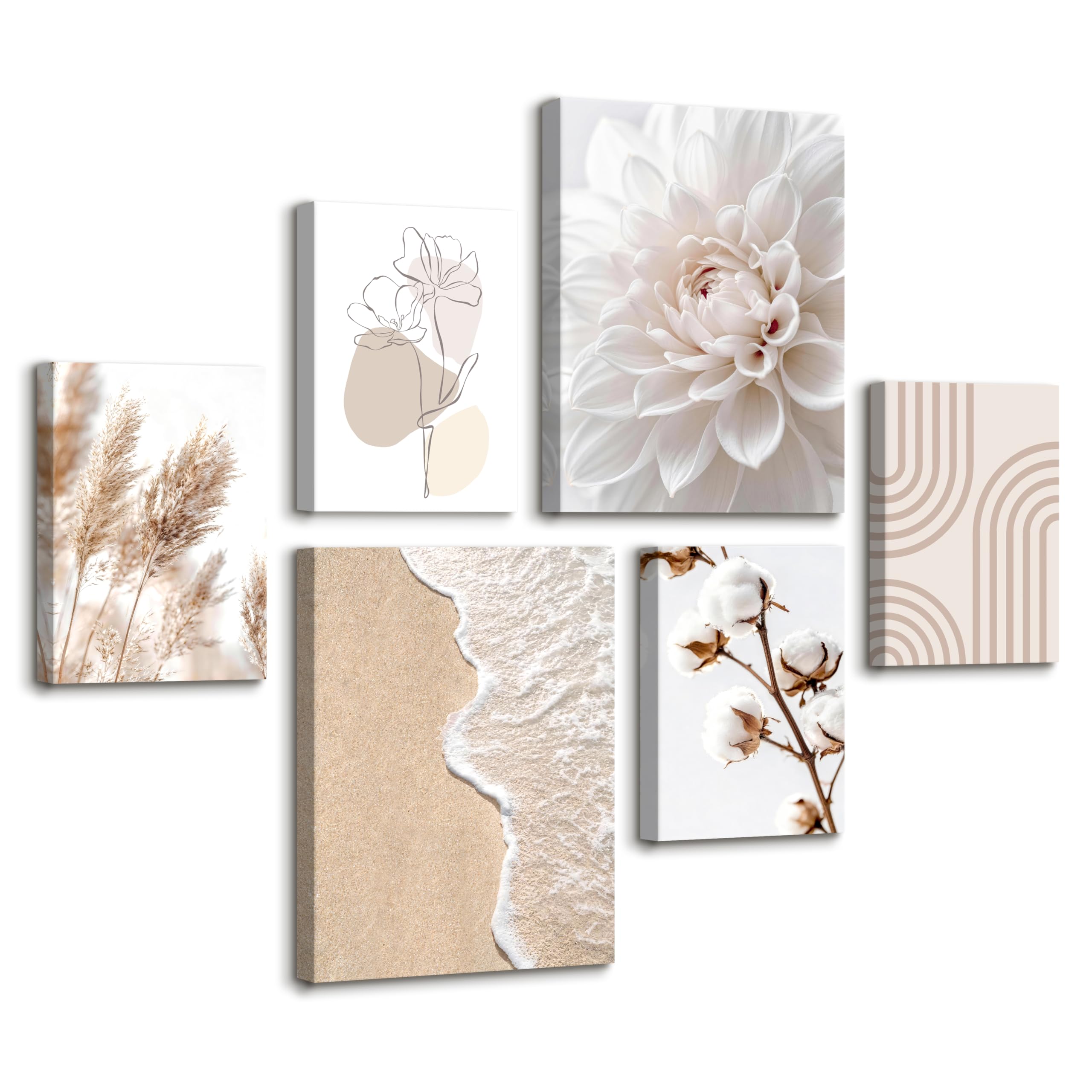 6 Pcs Wooden Framed Canvas Wall Art Set White Flower Cotton Floral Canvas Prints Boho Beige Pampas Grass Painting Coastal Beach Pictures for Living Room Bedroom Wall Decor 30x40 cm x2+20x30 cm x4 โ image 1