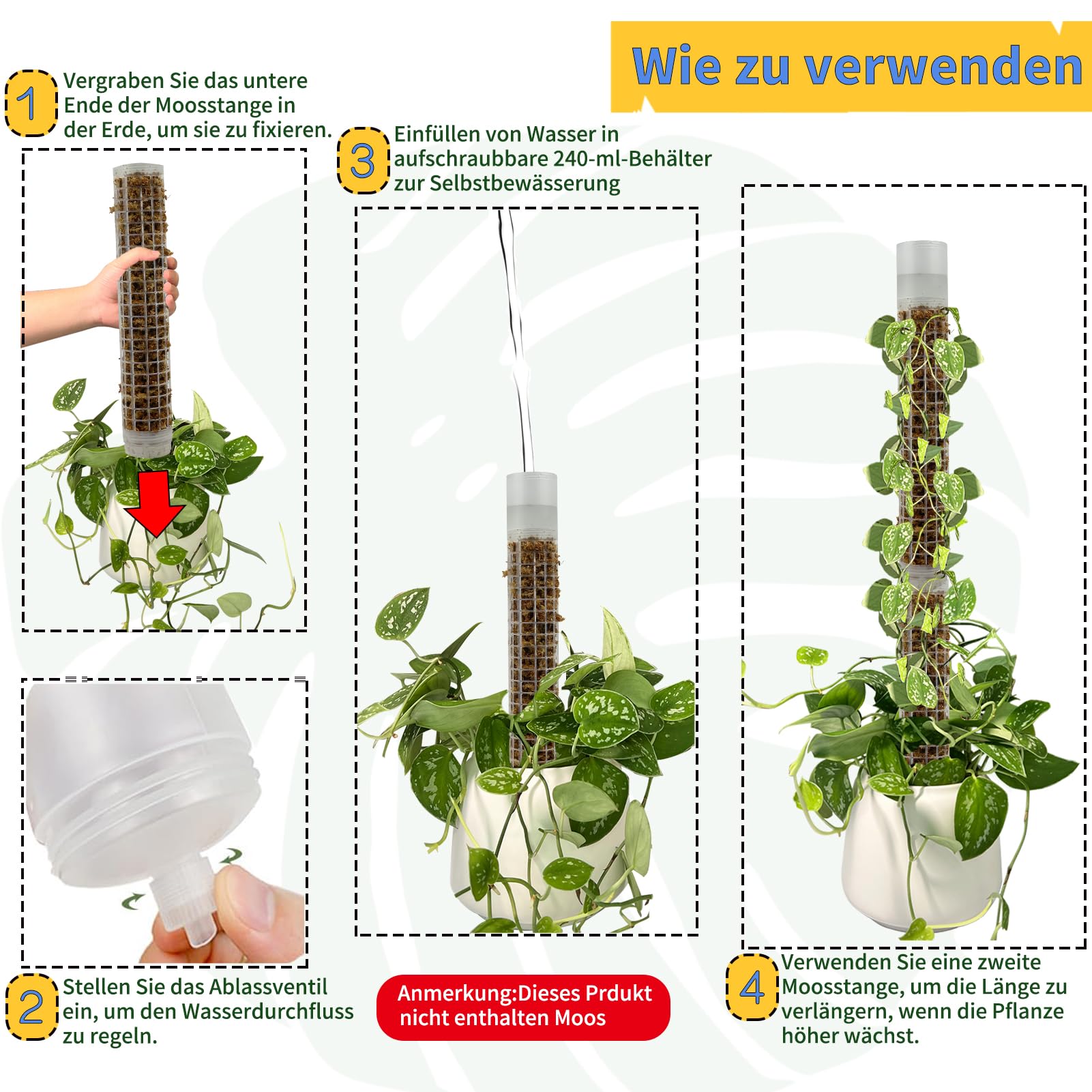BDHHFAM Self-Watering Moss Stick, 4 x 44 cm Extendable Plant Supports for Indoor Plants - Image 2