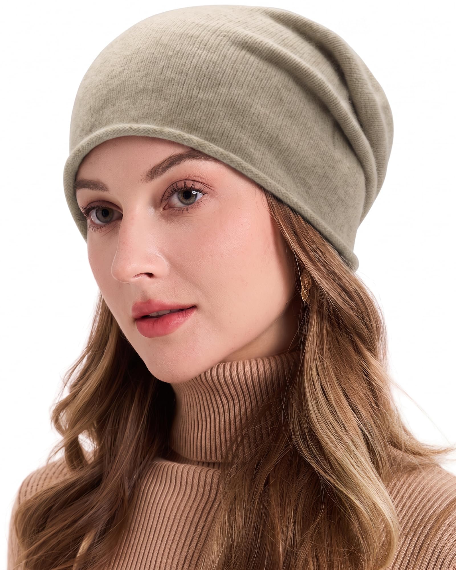 ZLYC Pure Wool Slouchy Beanie Hat for Women Men Seamless Knit Winter Skull Cap(Solid Tan),One Size