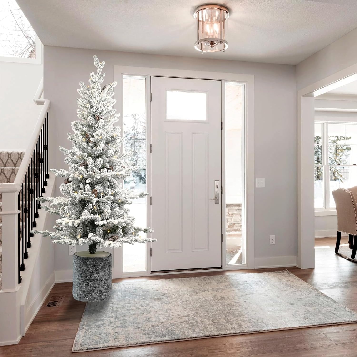 4.5FT Flocked Christmas Tree with Pot Base – 150 Warm White LED Lights, 720 Tips, PE+PVC Branches with 19 Pine Cones – Small Prelit Holiday Tree for Tabletop, Entryway, or Home Decor