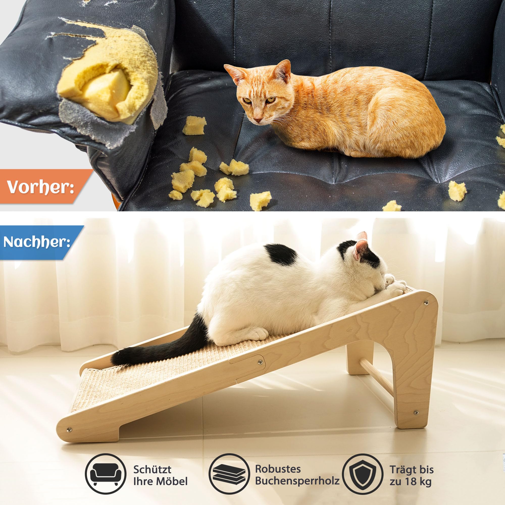 PETKARAY Dual-Use Kratzbrett Katze, 68 cm Hohe L-förmiger Sisal Kratzsäule, Kratzpads für Katzen, Katzenkratzbrett für Wand und Ecke (Mit Katzenminze, Mausspielzeug)