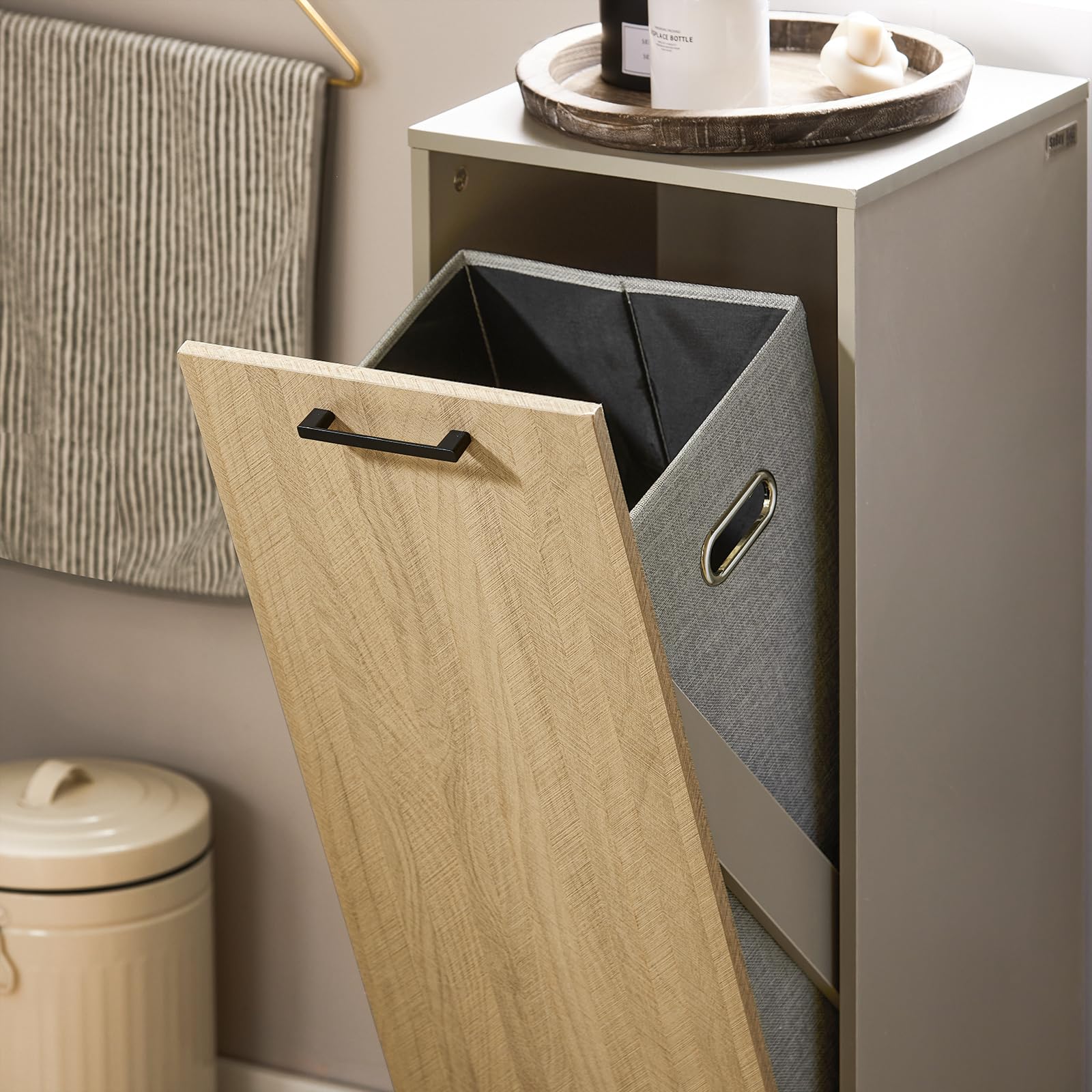 Wäscheschrank mit Korb, Aufbewahrung, Badezimmerschrank, 31,5 x 30 x 86 cm (B x T x H)