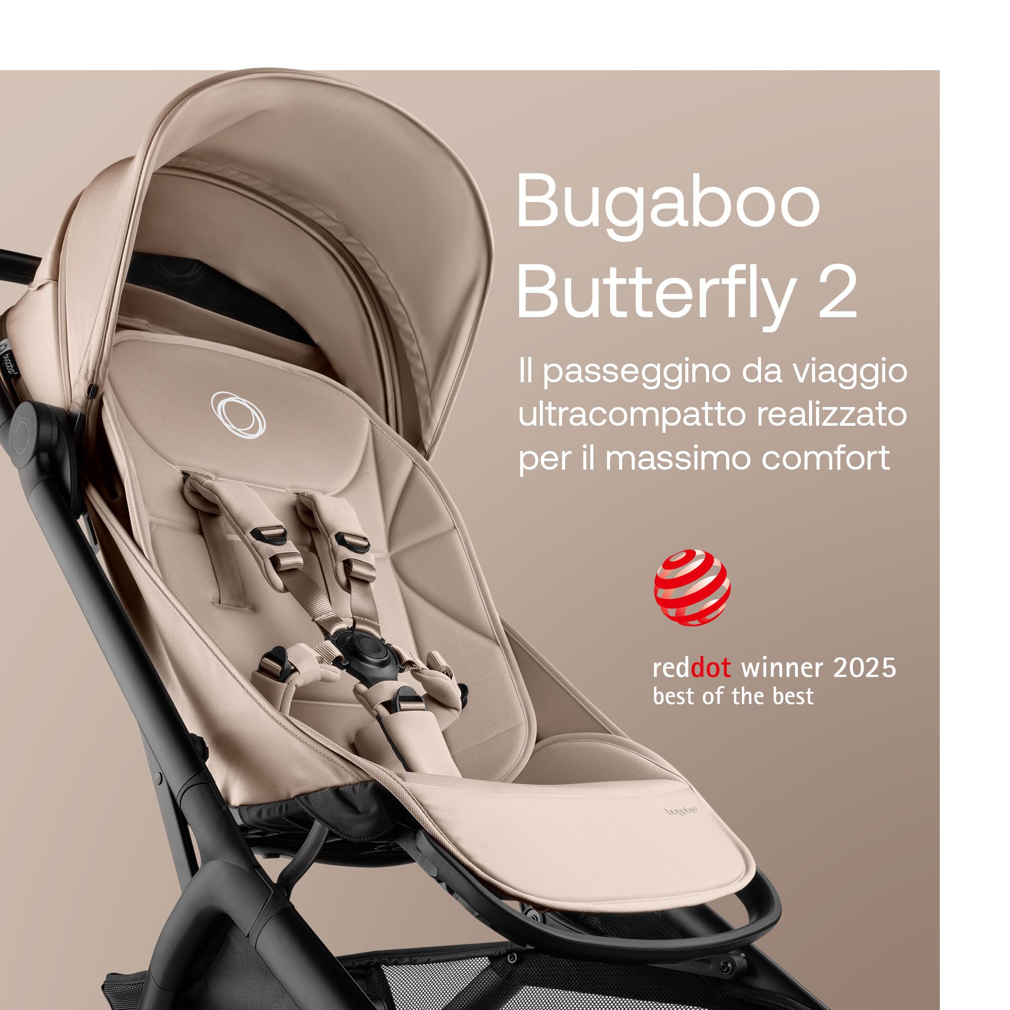 Bugaboo Butterfly 2 Passeggino Leggero da Viaggio Dimensioni Cabina, Portatile, Piegabile con Una Mano, con Seduta Reclinabile, Cestino Portaoggetti e Tracolla - da 6 Mesi a 4 Anni - Desert Taupe